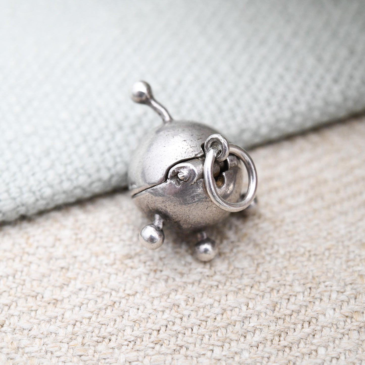 Vintage Sterling Silver Opening Sputnik Charm Pendant with Laika Dog Inside - Rare Satellite Soviet Union Space Age Articulated for Bracelet