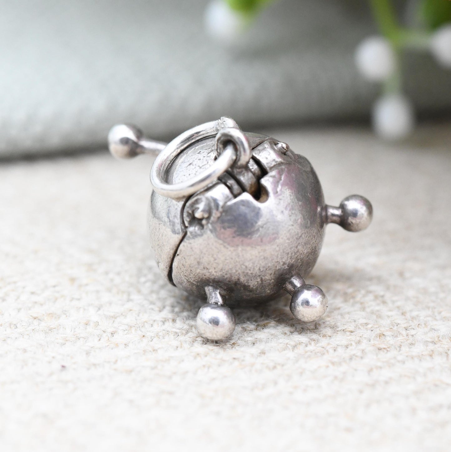 Vintage Sterling Silver Opening Sputnik Charm Pendant with Laika Dog Inside - Rare Satellite Soviet Union Space Age Articulated for Bracelet