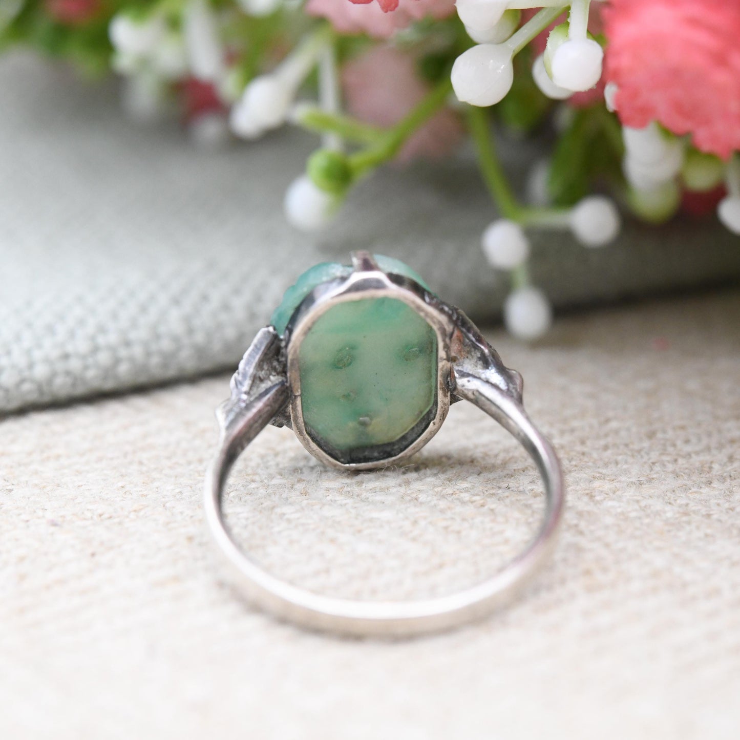 Vintage TLM Art Deco Sterling Silver Carved Peking Glass Ring - 1930s Green Flower Roses Designer Ring | UK Size - O 1/2 | US Size - 7 1/2