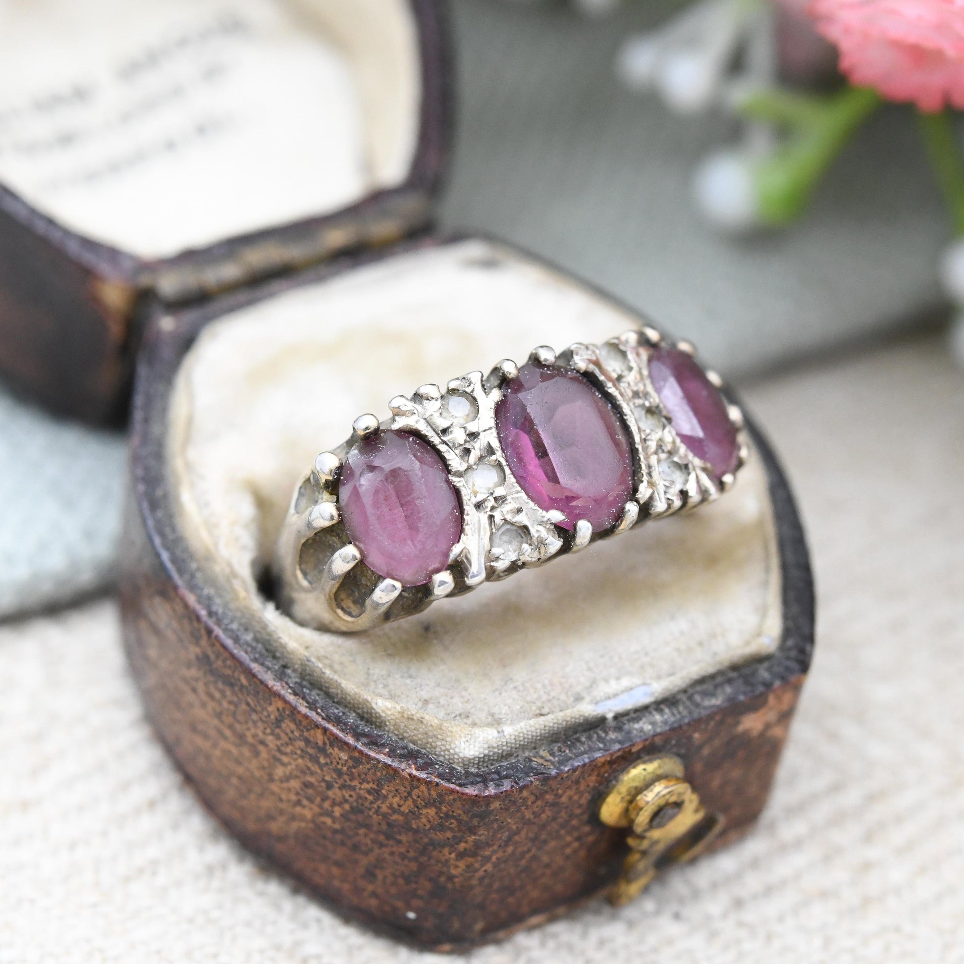 Vintage Sterling Silver Purple Three Stone Ring Clear Stone Accents 1975 - Antique Style Victorian Revival | UK Size - N | US Size - 6 1/2