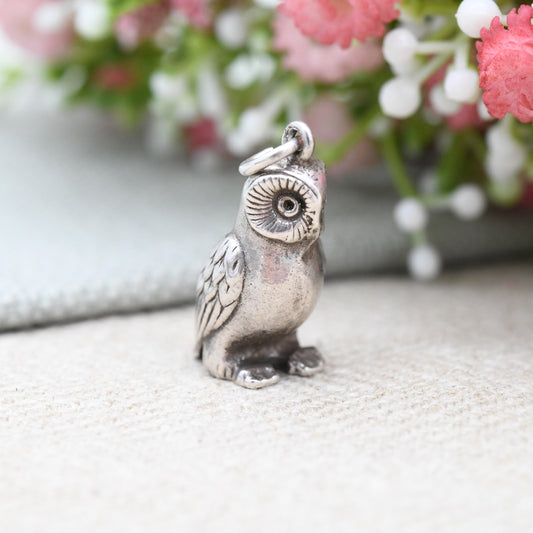 Vintage Sterling Silver Owl Charm Pendant - Cute Animal Nature Lover Gift | Chunky Charm Bracelet Necklace | Athena Symbol of Wisdom