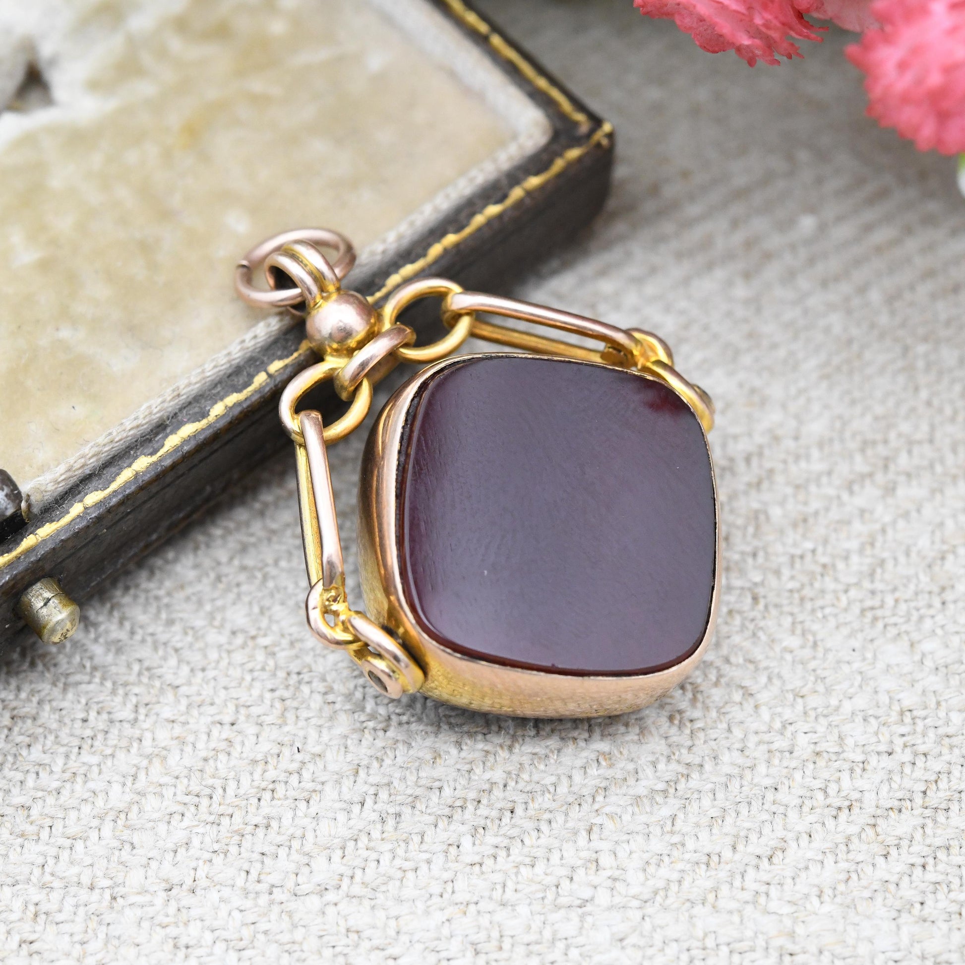 Antique 9ct Gold Spinner Fob Pendant 1910 by William John Pellow WJP - Carnelian and Bloodstone Gemstone Watch Fob for Charm Necklace Stack