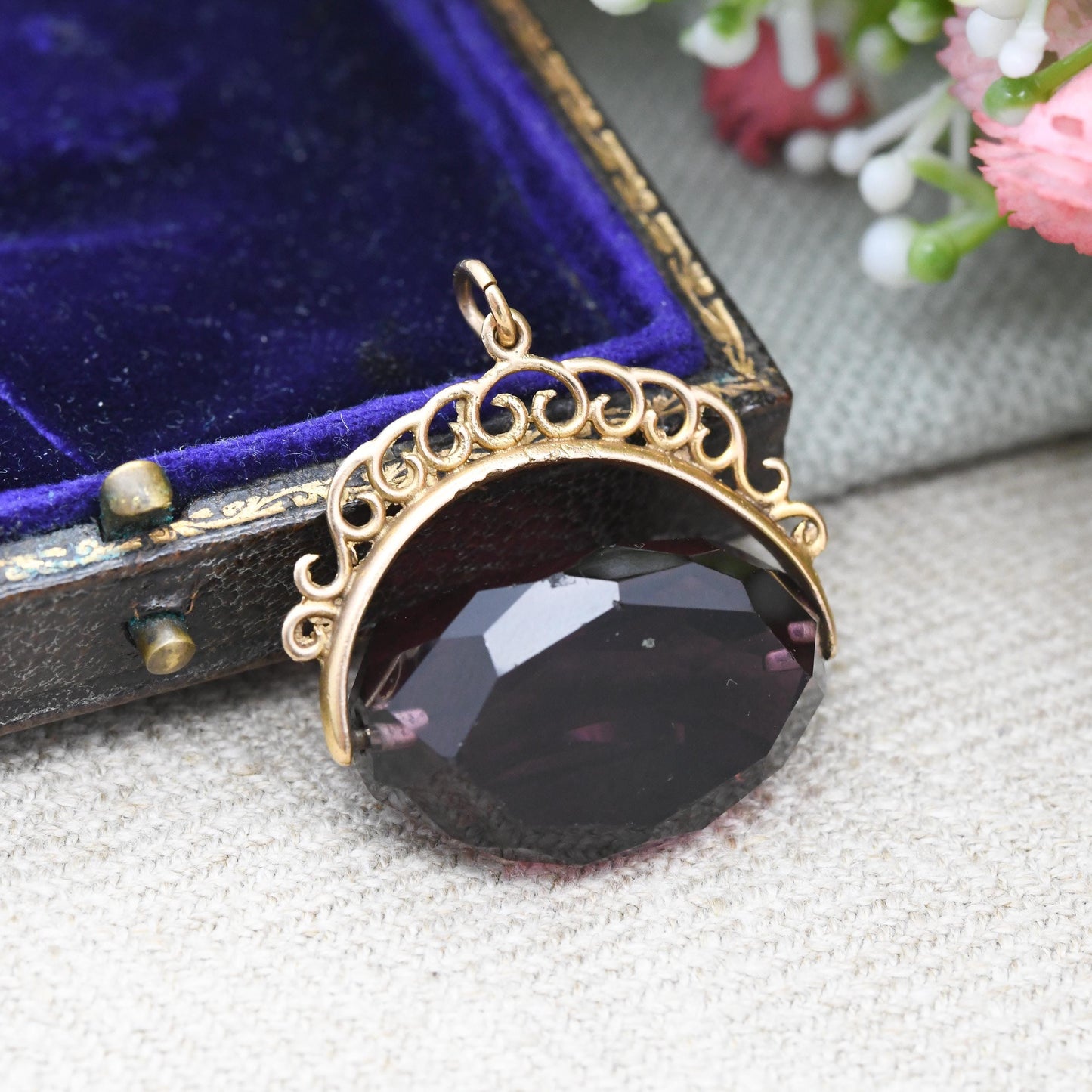 Vintage 9ct Gold Spinner Fob Purple Glass Stone - Large Faceted Stone Watch Fob Pendant | Antique Style Amethyst Paste Fidget Jewellery