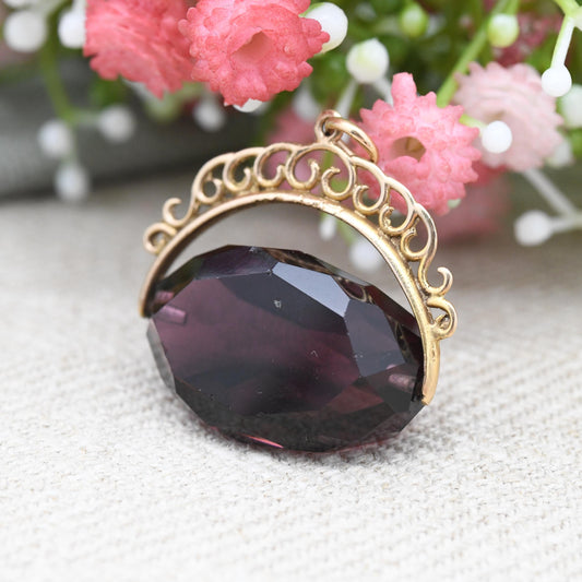 Vintage 9ct Gold Spinner Fob Purple Glass Stone - Large Faceted Stone Watch Fob Pendant | Antique Style Amethyst Paste Fidget Jewellery