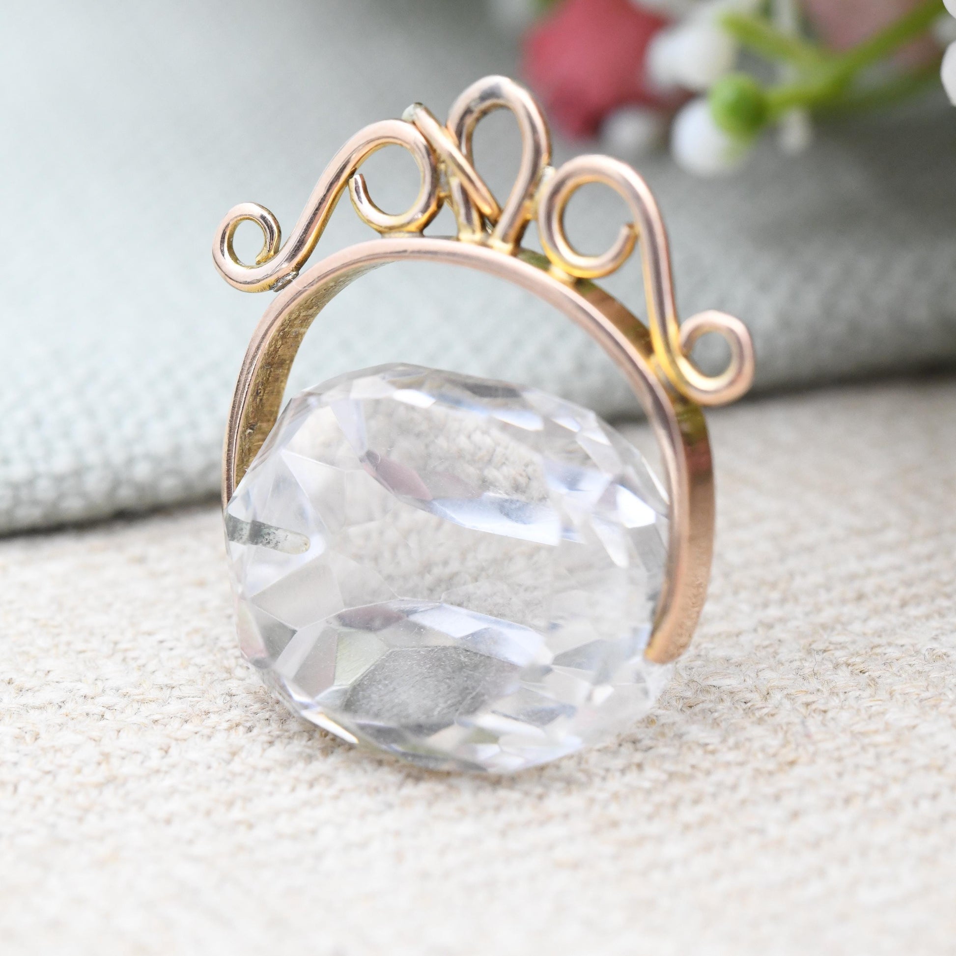 Antique 9ct Gold Spinner Fob with Large Clear Stone - Faceted Stone Watch Fob Pendant Ornate Scrolling Design Jewellery Large Charm Gift