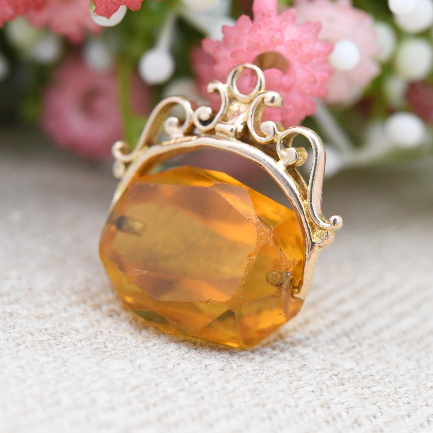 Vintage 9ct Gold Orange Spinner Fob 1969 - Faceted Citrine Paste Watch Fob Pendant | Ornate Design Antique Style | Fidget Pendant