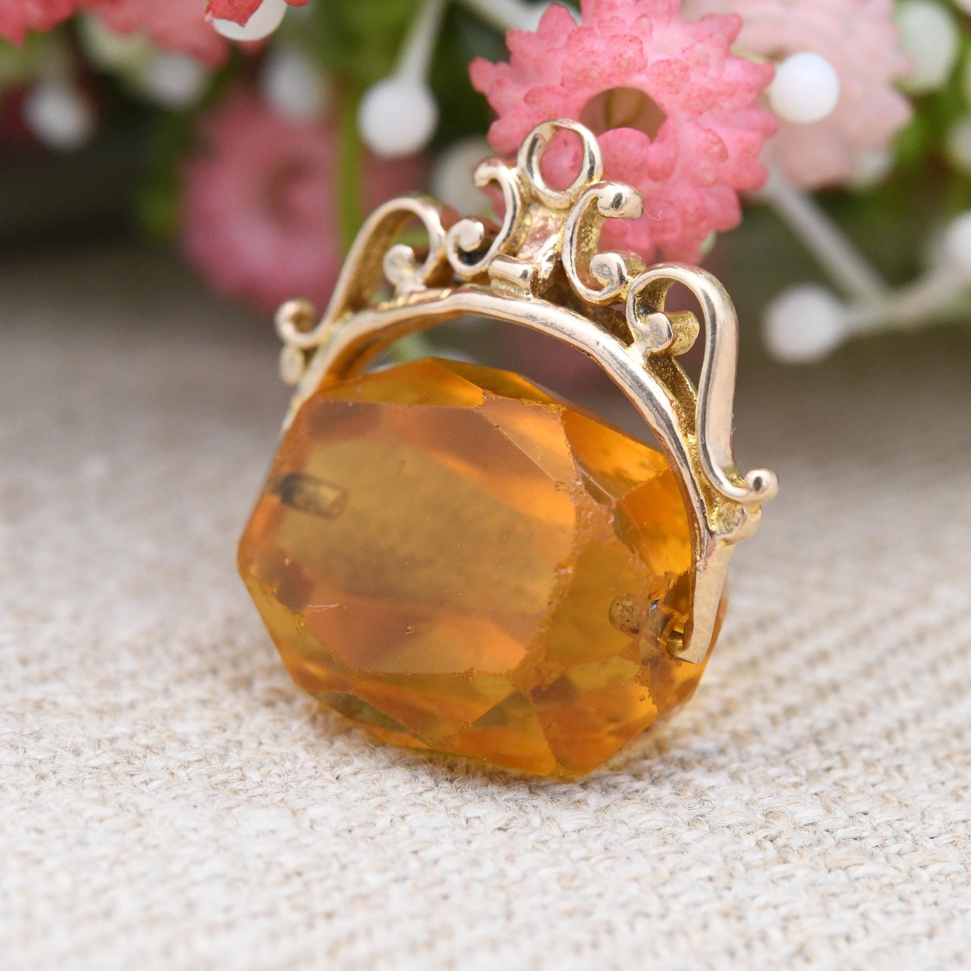 Vintage 9ct Gold Orange Spinner Fob 1969 - Faceted Citrine Paste Watch Fob Pendant | Ornate Design Antique Style | Fidget Pendant