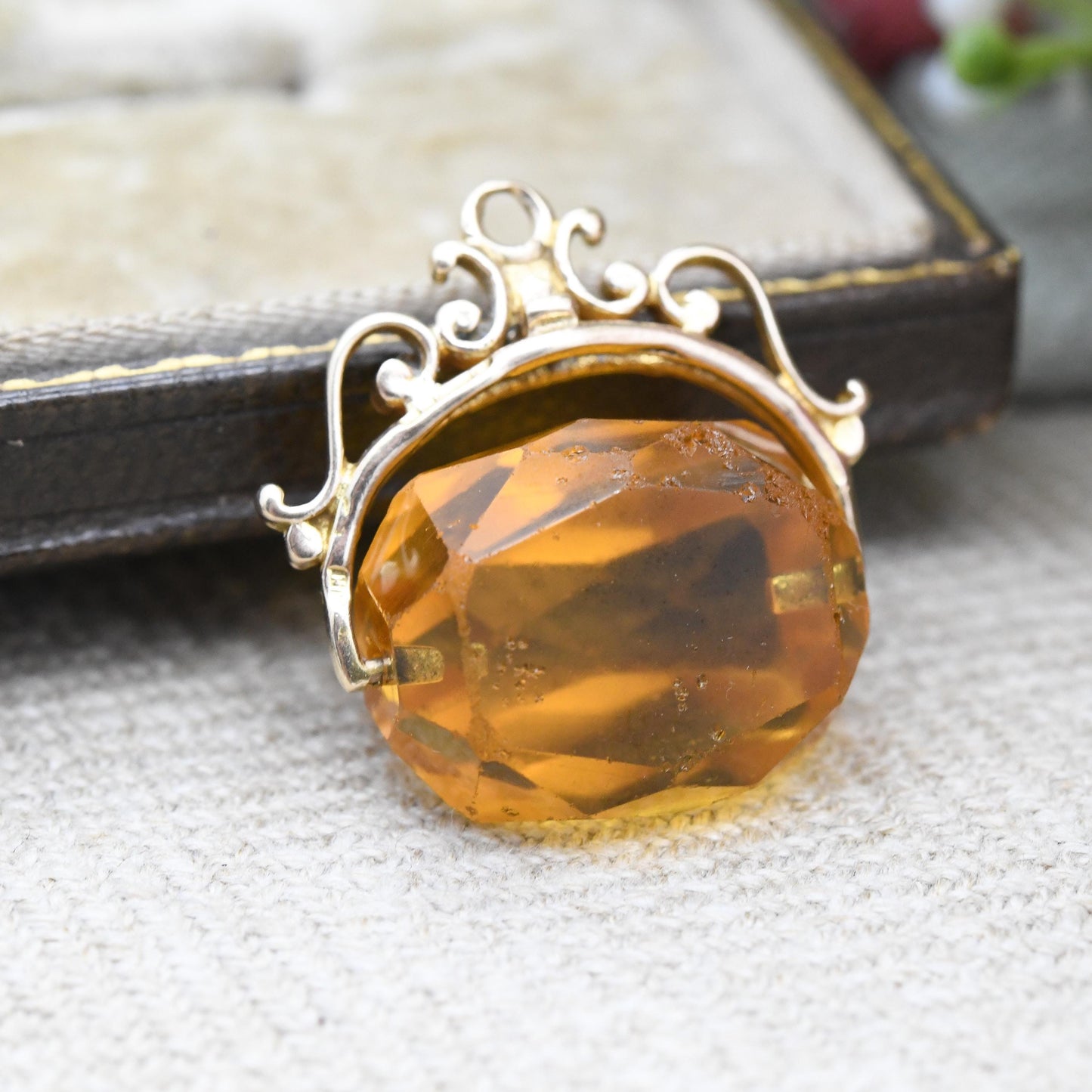 Vintage 9ct Gold Orange Spinner Fob 1969 - Faceted Citrine Paste Watch Fob Pendant | Ornate Design Antique Style | Fidget Pendant