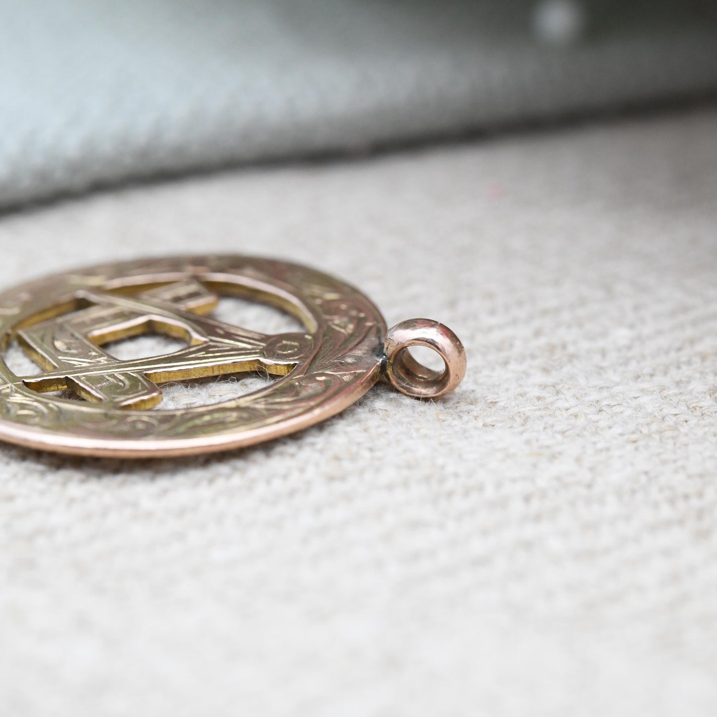 Antique 9ct Gold Masonic Square and Compass Pendant 1912 by Robert Pringle & Sons - Edwardian Rose Gold Watch Fob Engraved Circle Cut Out