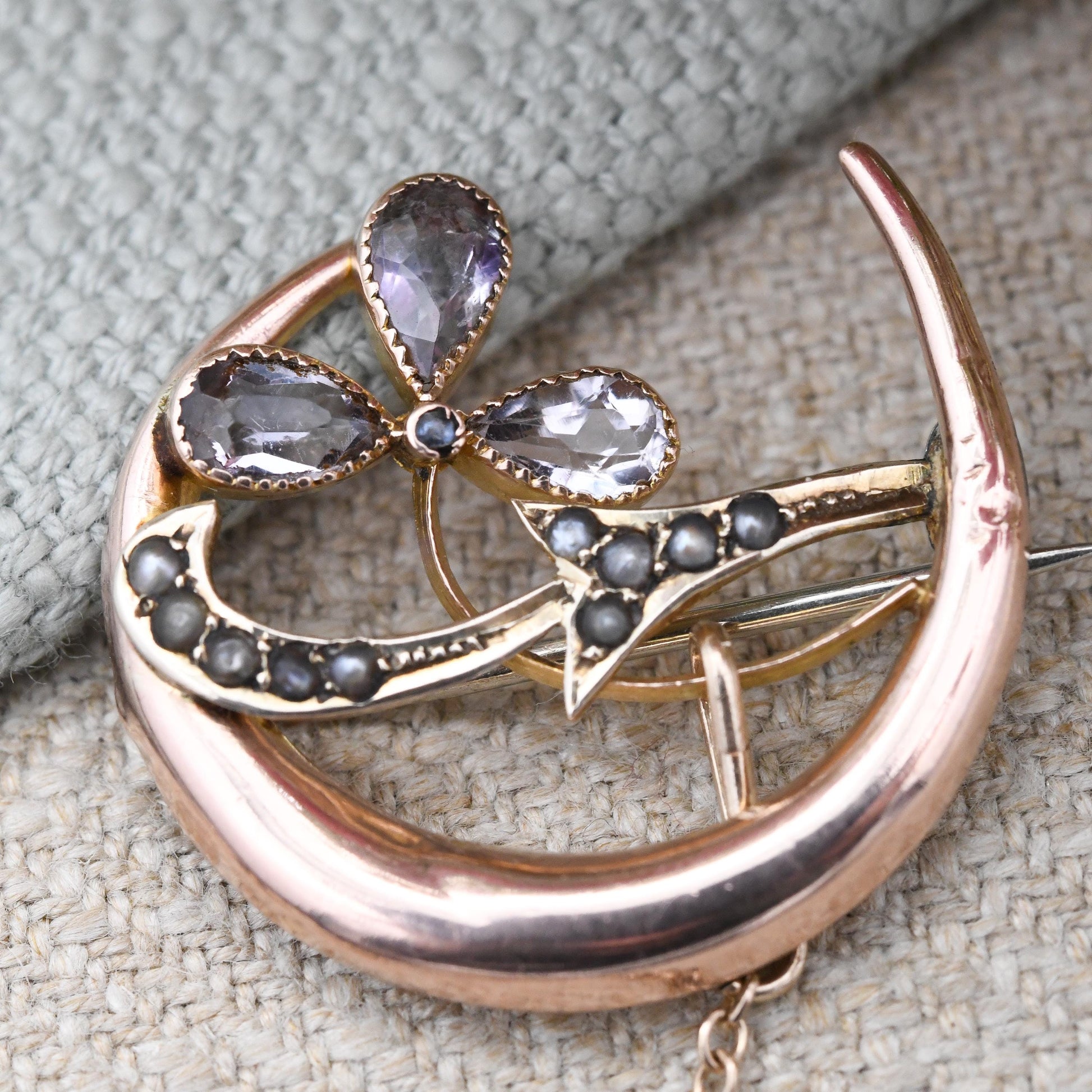 Antique 9ct Gold Amethyst and Seed Pearl Flower Brooch 1909 Clover in a Crescent Moon - Edwardian Floral Leaf Rose Gold Flower in a Circle