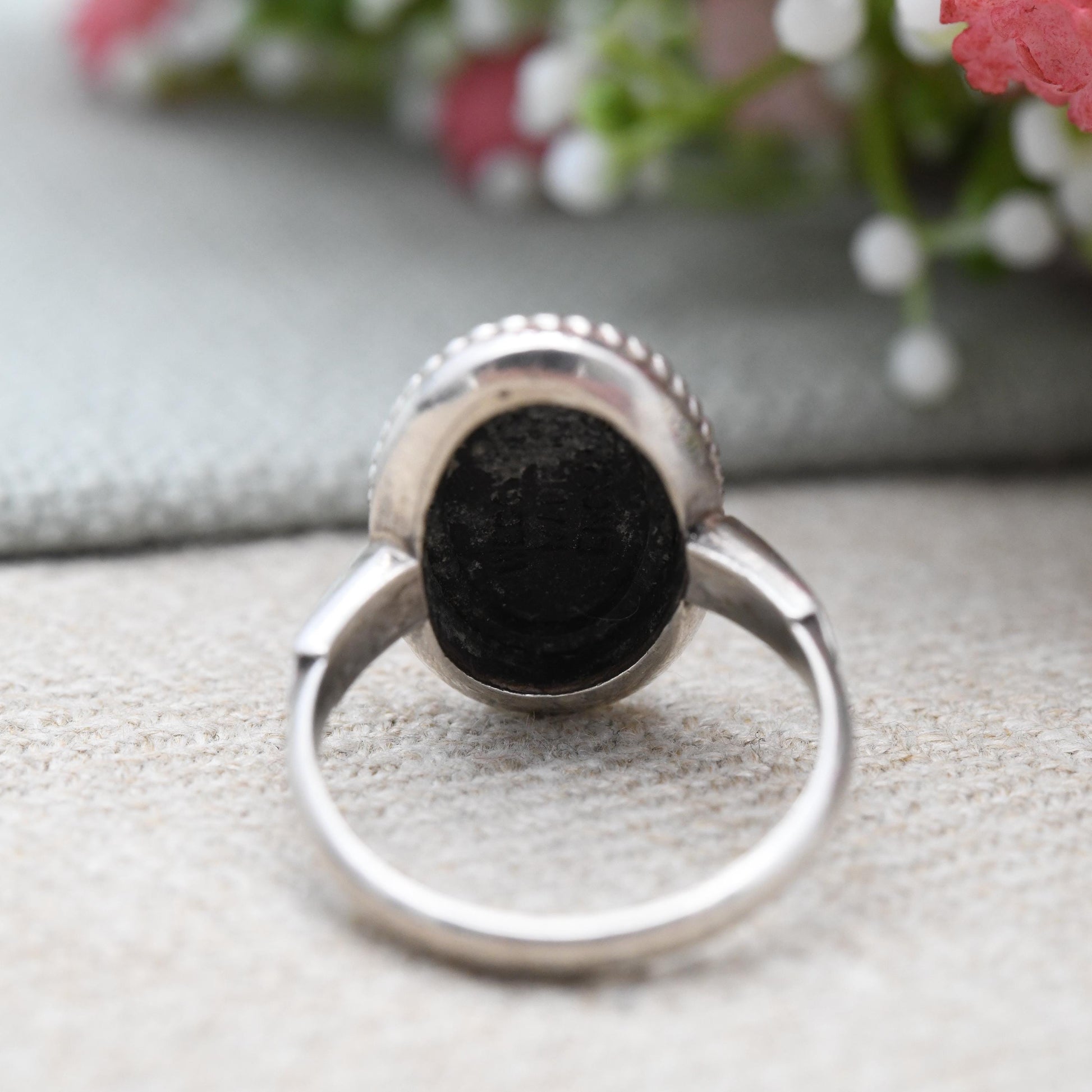 Vintage Wedgwood Sterling Silver Black Jasperware Cameo Ring 1973 - Terpsichore Lyre Greek Muse Dance Column | UK Size - N | US Size - 6 1/2