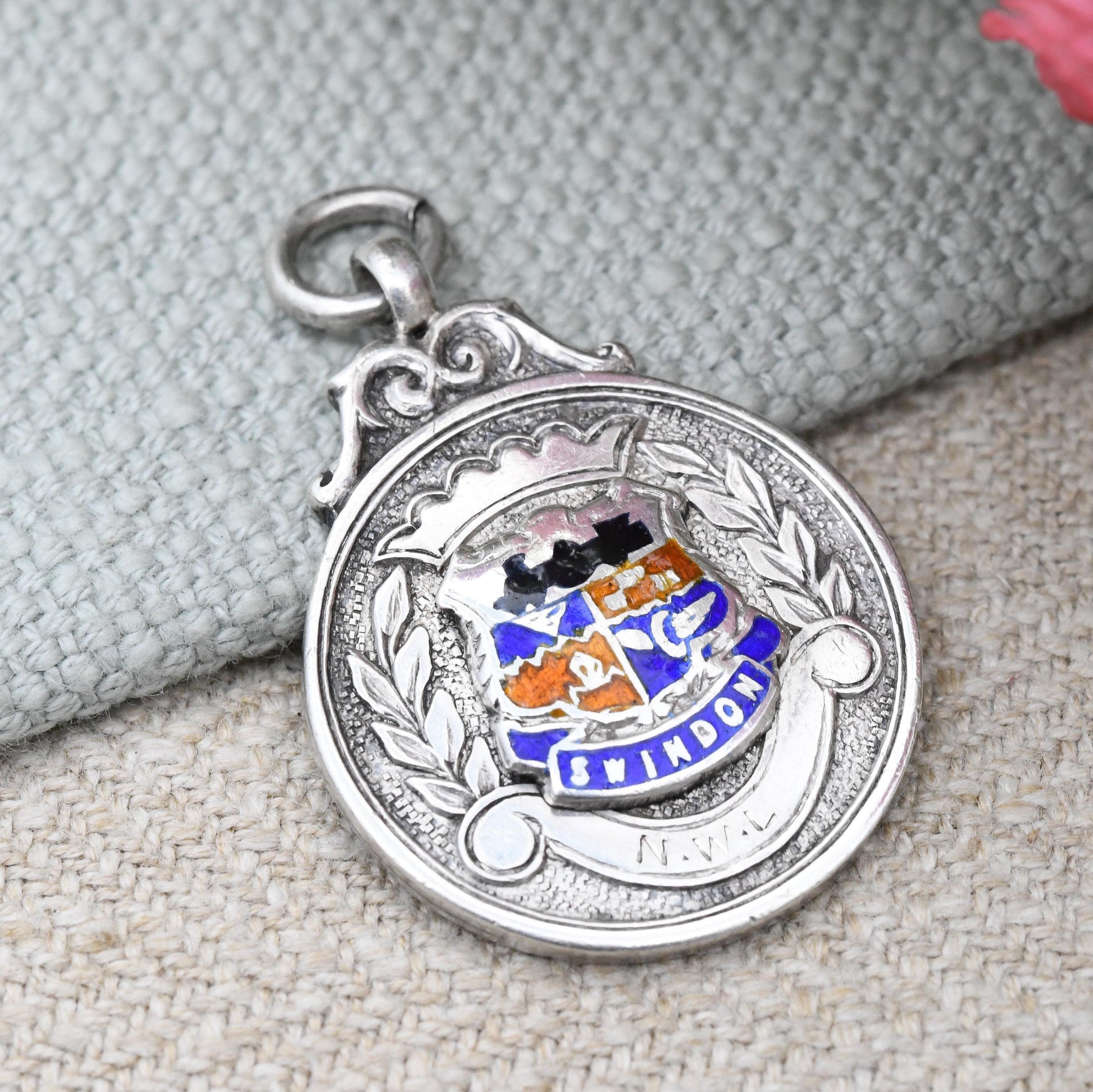 Vintage Sterling Silver Swindon Watch Fob Pendant with Shield Crest 1930 - Red Blue Enamel Black Steam Train | Winners Medal