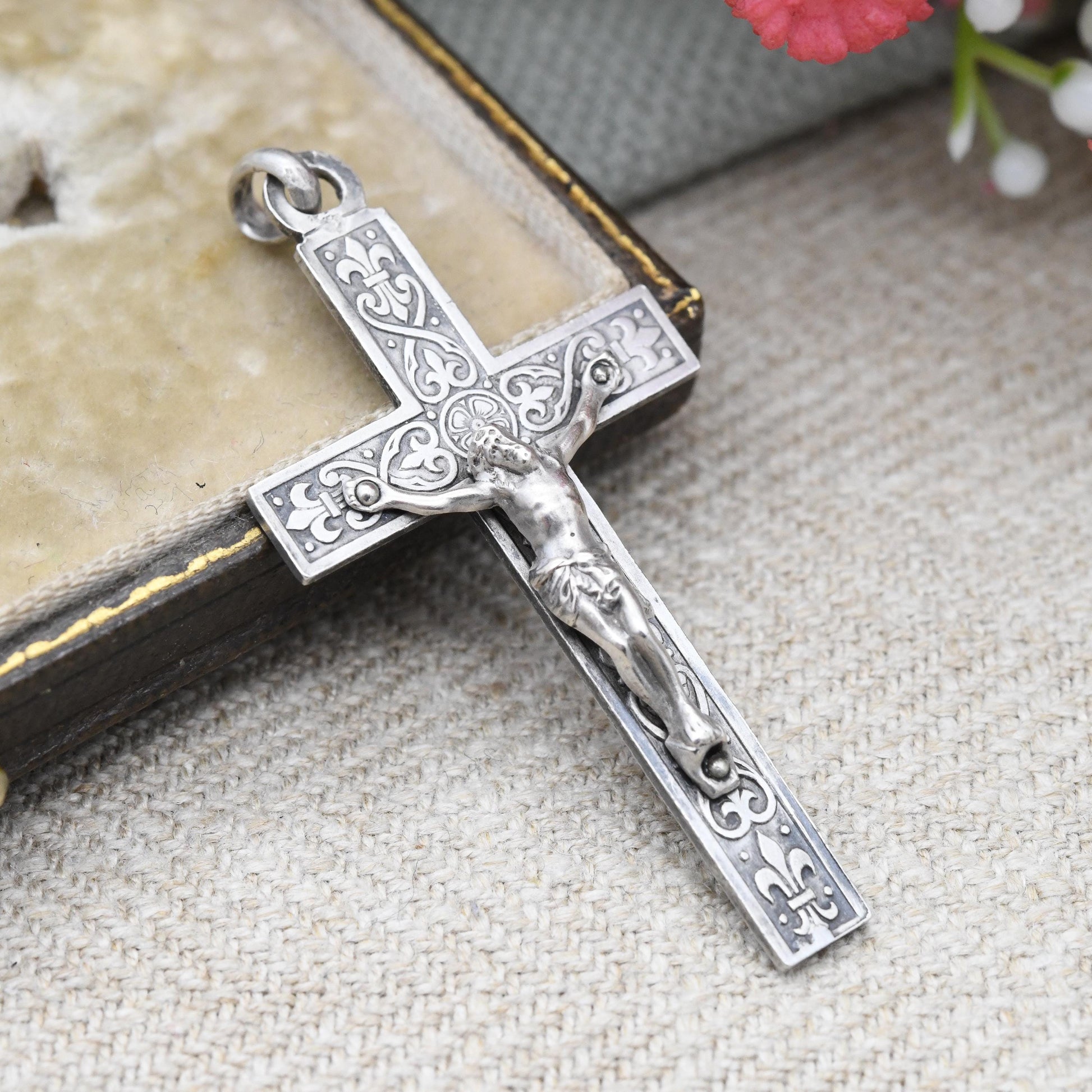 Vintage Silver Jesus on the Cross Pendant Ornate Design - Antique Style Christian Gift for Baptism Christening | Necklace Stack