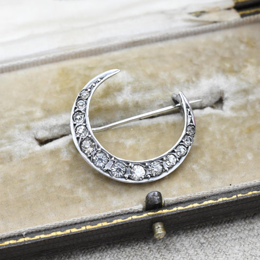 Antique Victorian Sterling Silver Paste Crescent Moon Brooch - Clear Crystal Stones | Unisex Statement Celestial Jewellery Gift for Her