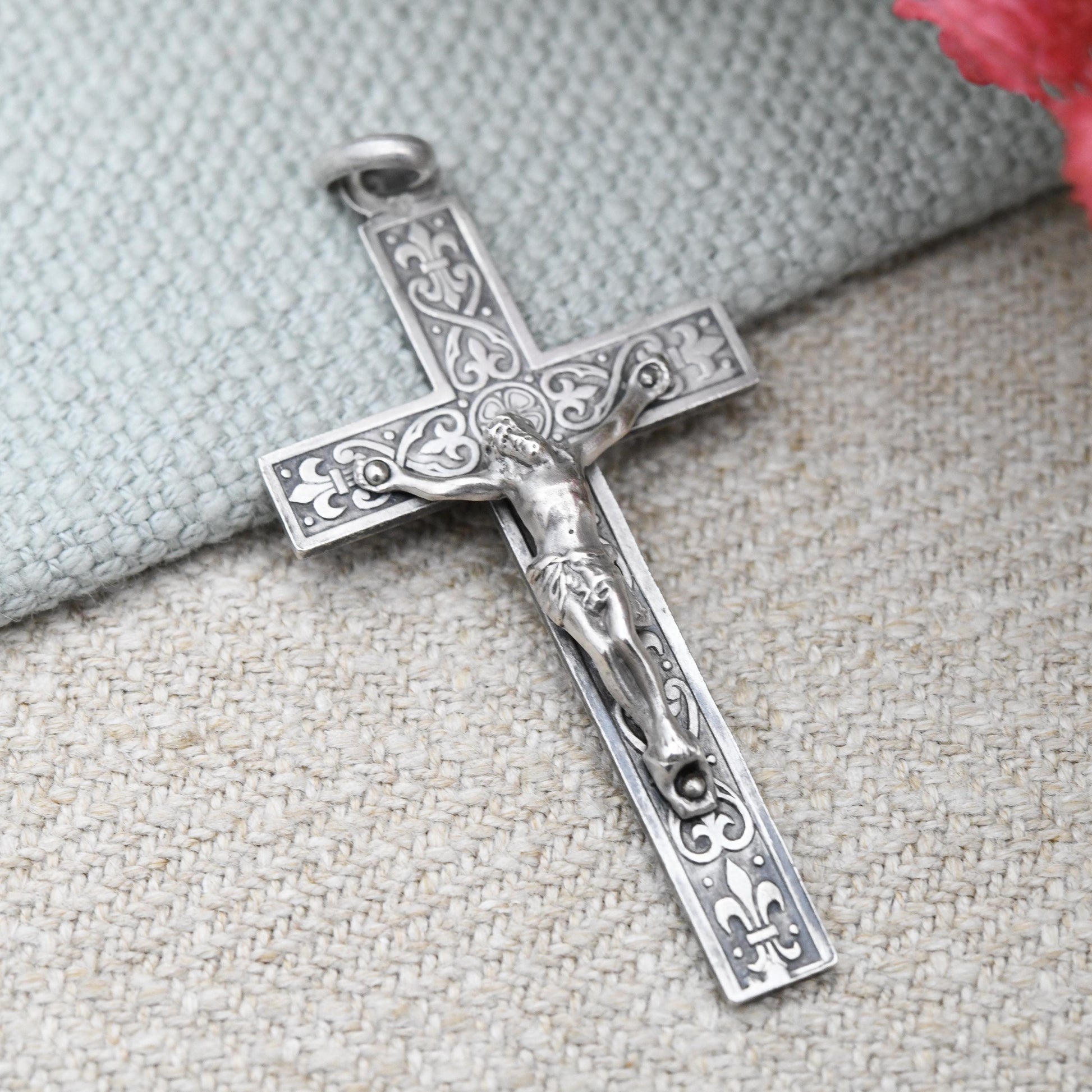 Vintage Silver Jesus on the Cross Pendant Ornate Design - Antique Style Christian Gift for Baptism Christening | Necklace Stack