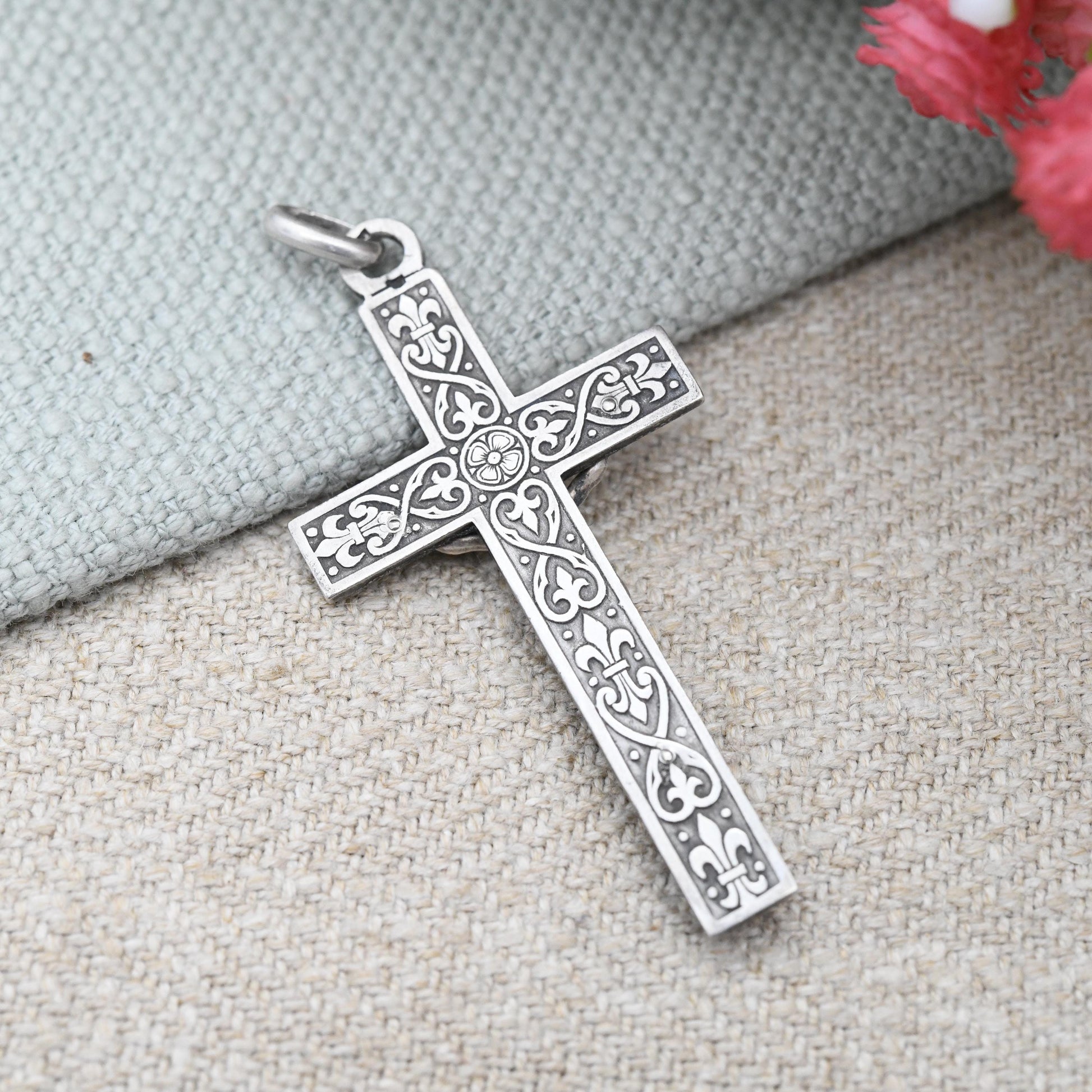 Vintage Silver Jesus on the Cross Pendant Ornate Design - Antique Style Christian Gift for Baptism Christening | Necklace Stack