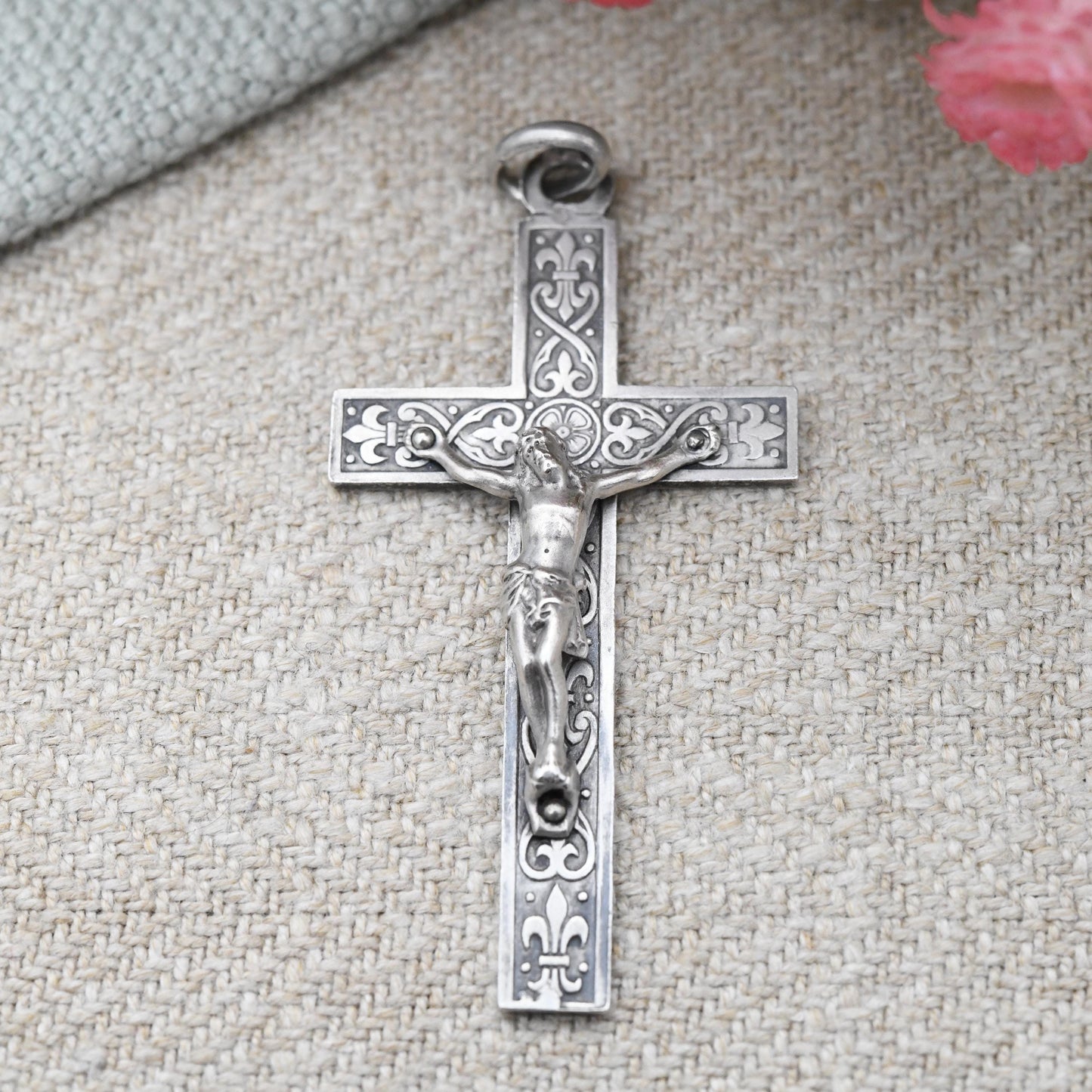 Vintage Silver Jesus on the Cross Pendant Ornate Design - Antique Style Christian Gift for Baptism Christening | Necklace Stack