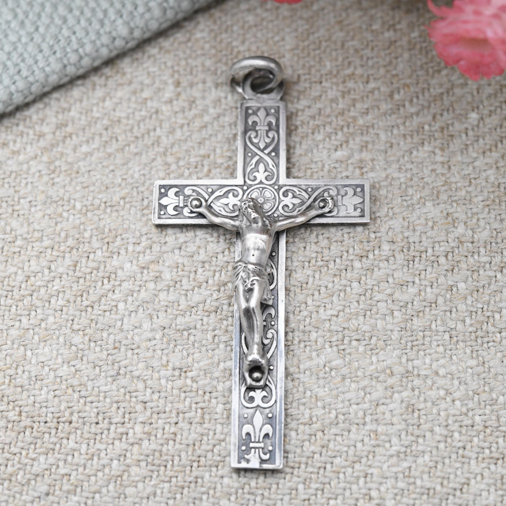 Vintage Silver Jesus on the Cross Pendant Ornate Design - Antique Style Christian Gift for Baptism Christening | Necklace Stack