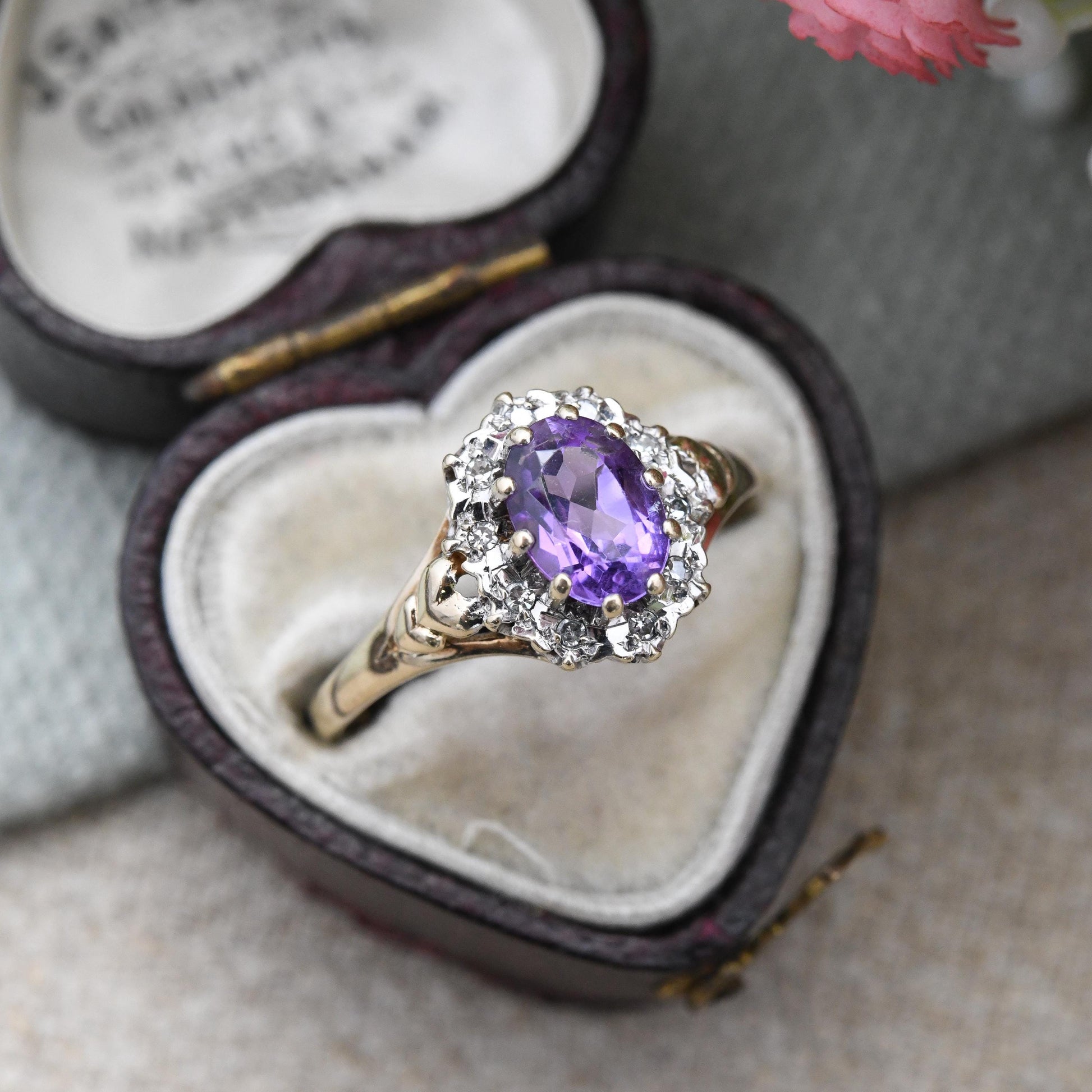 Vintage 9ct Gold Amethyst Diamond Cluster Ring 1989 - Love Heart Shoulders | Mid-Century Diamond Halo | UK Size - Q | US Size - 8 1/4