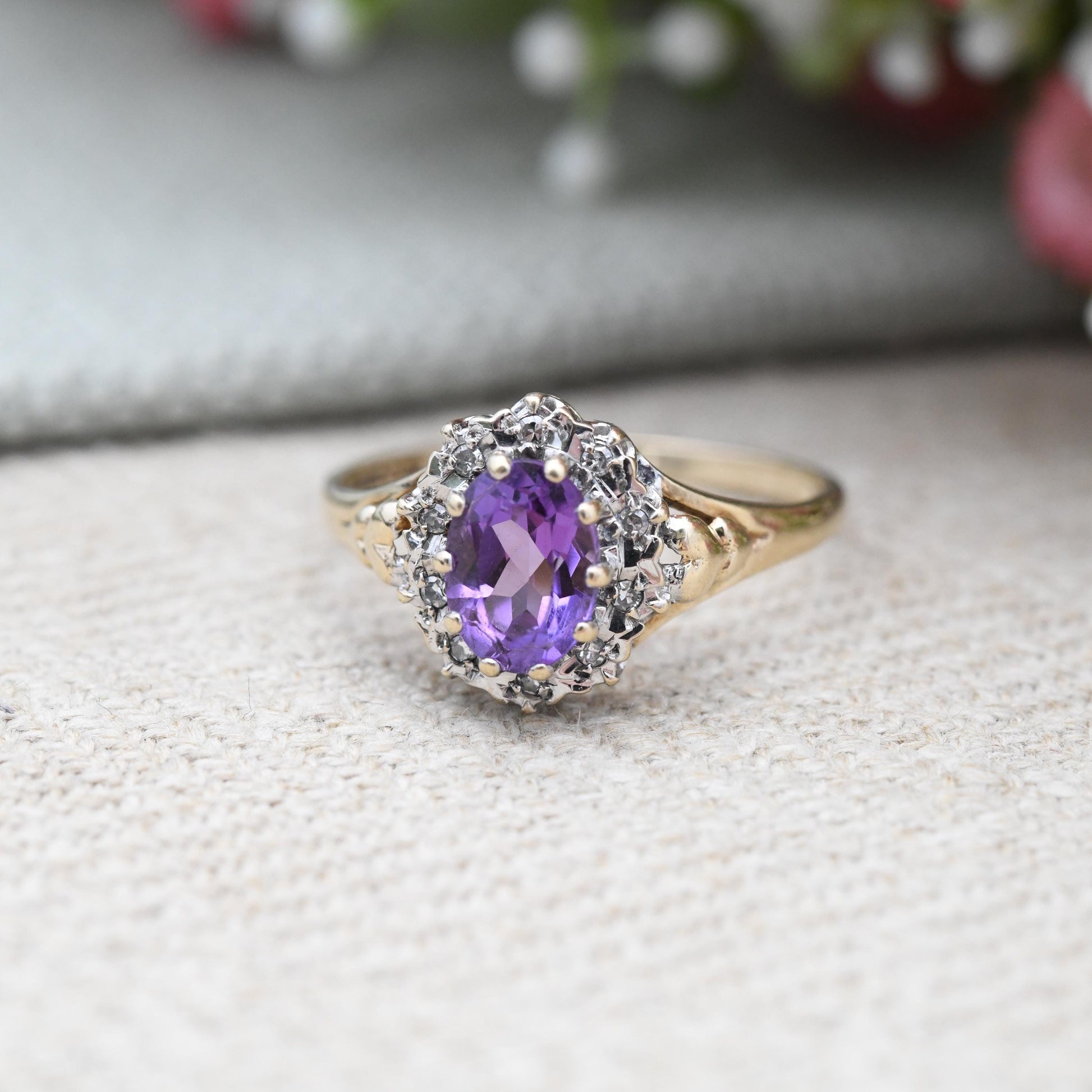 Vintage 9ct Gold Amethyst Diamond Cluster Ring 1989 - Love Heart Shoulders | Mid-Century Diamond Halo | UK Size - Q | US Size - 8 1/4