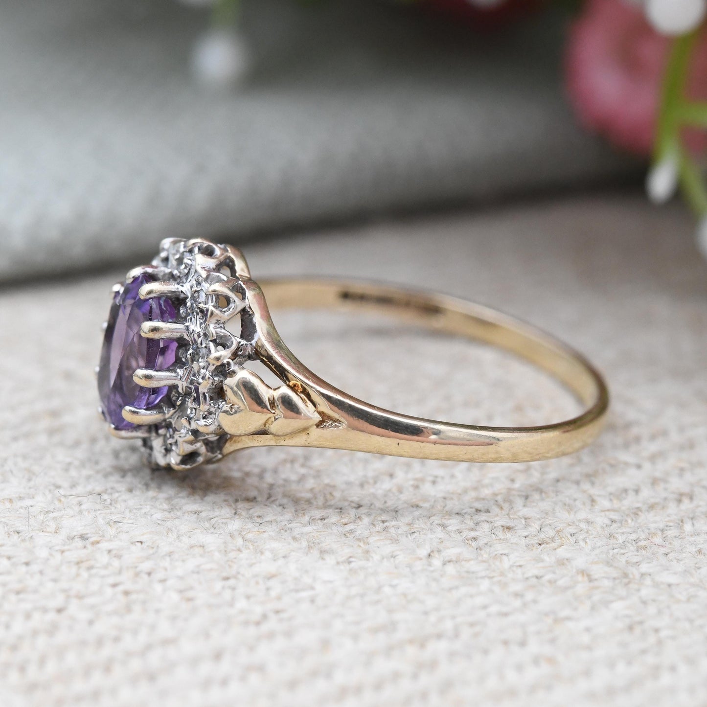 Vintage 9ct Gold Amethyst Diamond Cluster Ring 1989 - Love Heart Shoulders | Mid-Century Diamond Halo | UK Size - Q | US Size - 8 1/4