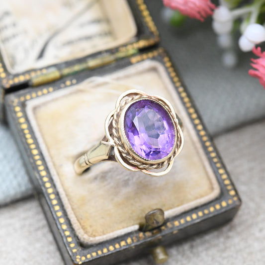 Vintage 9ct Gold Amethyst Ring - Mid-Century Large Purple Faceted Stone Solitaire Rope Twist | Pretty Gift | UK Size - Q | US Size - 8 1/4