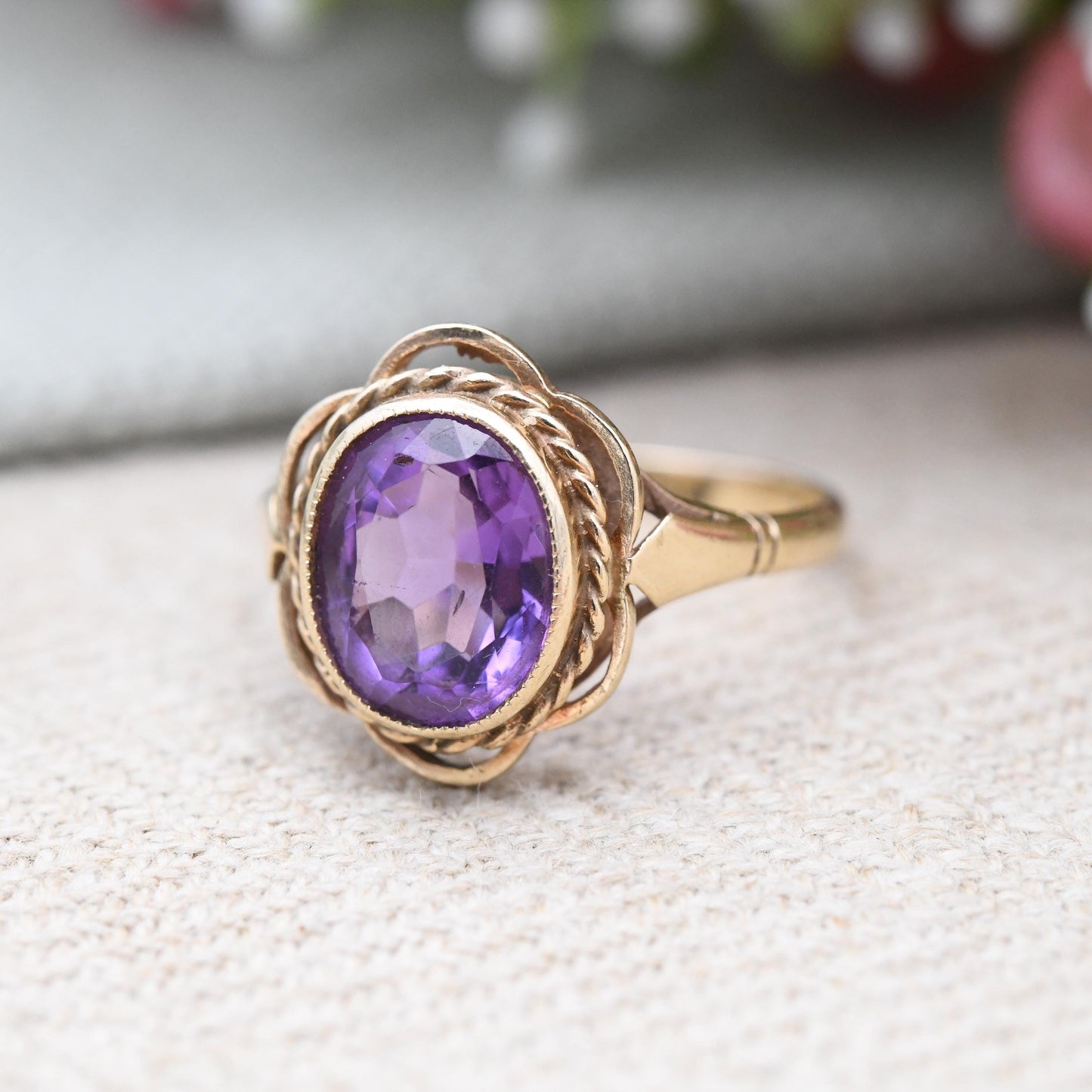 Vintage 9ct Gold Amethyst Ring - Mid-Century Large Purple Faceted Stone Solitaire Rope Twist | Pretty Gift | UK Size - Q | US Size - 8 1/4