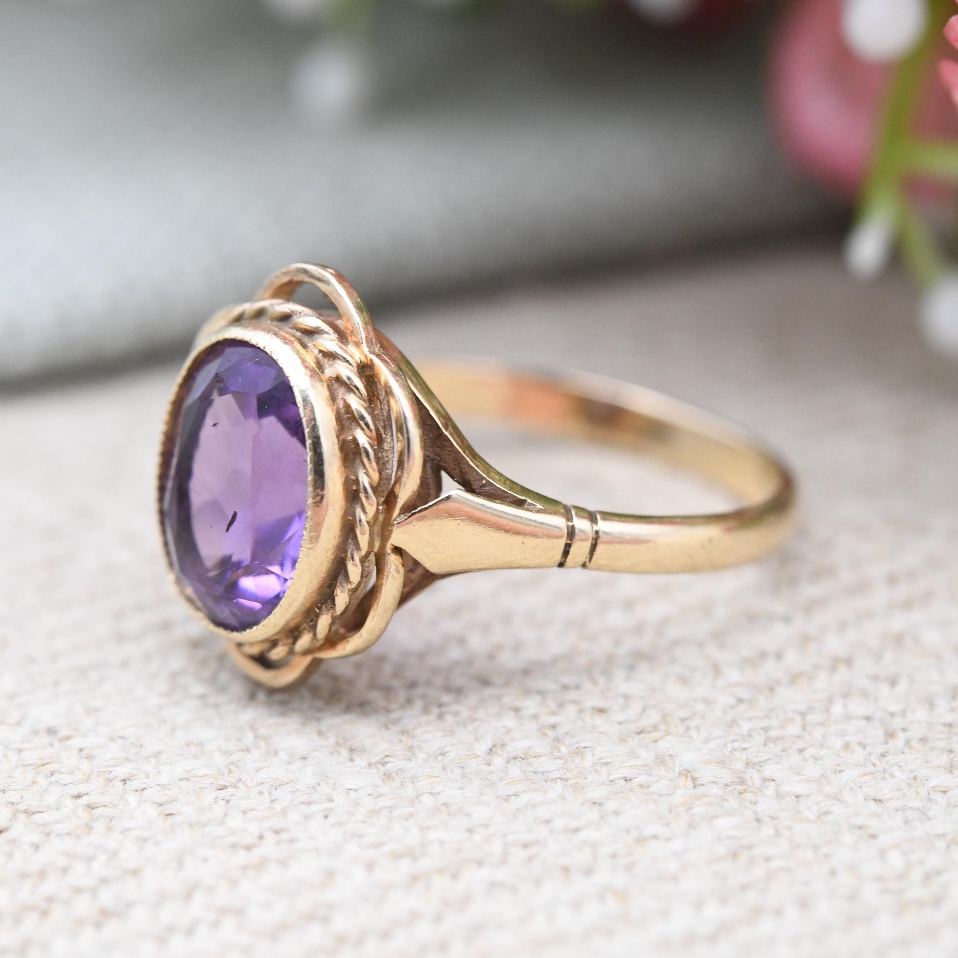 Vintage 9ct Gold Amethyst Ring - Mid-Century Large Purple Faceted Stone Solitaire Rope Twist | Pretty Gift | UK Size - Q | US Size - 8 1/4