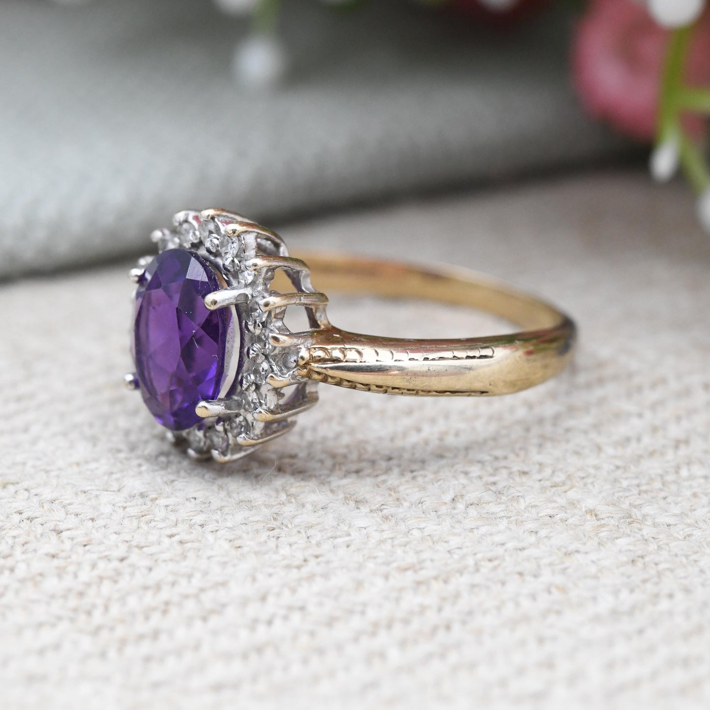 Vintage 9ct Gold Amethyst Diamond Cluster Ring .15 Carats - 15 Point Diamond Halo Deep Purple Gemstone | UK Size - Q 1/2 | US Size - 8 1/2