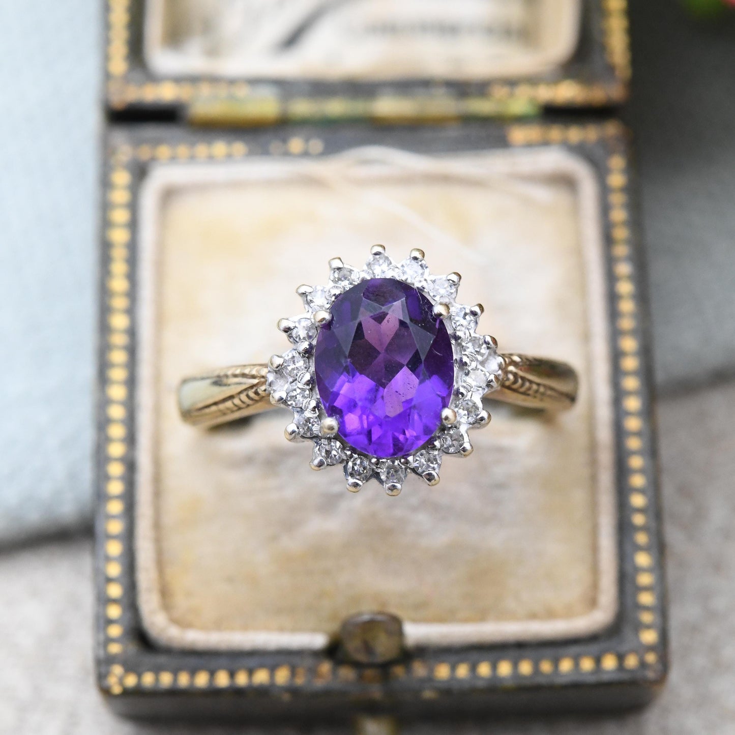 Vintage 9ct Gold Amethyst Diamond Cluster Ring .15 Carats - 15 Point Diamond Halo Deep Purple Gemstone | UK Size - Q 1/2 | US Size - 8 1/2