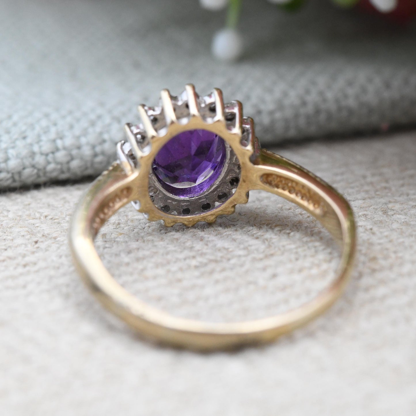 Vintage 9ct Gold Amethyst Diamond Cluster Ring .15 Carats - 15 Point Diamond Halo Deep Purple Gemstone | UK Size - Q 1/2 | US Size - 8 1/2