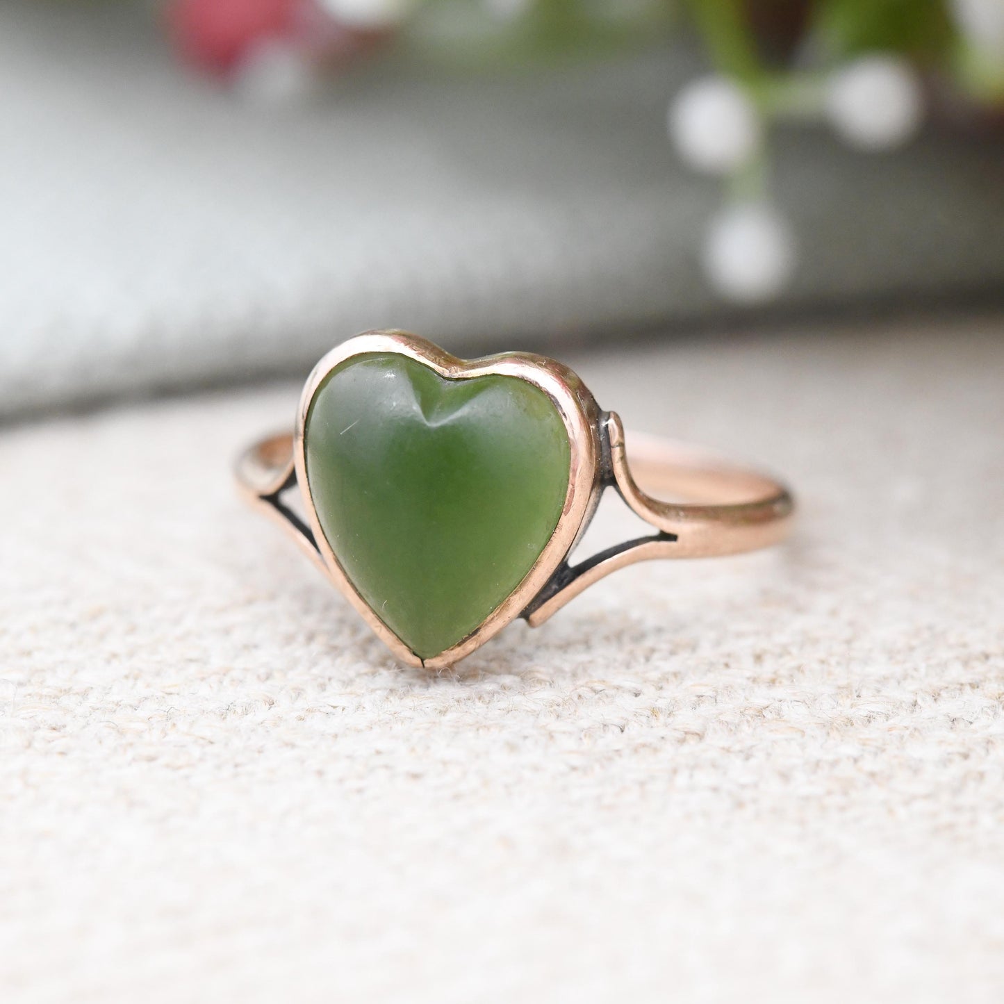 Antique 9ct Gold Heart Ring with Green Gemstone - Solid Rose Gold Band | Pretty Gift for Her | UK Size - P | US Size - 7