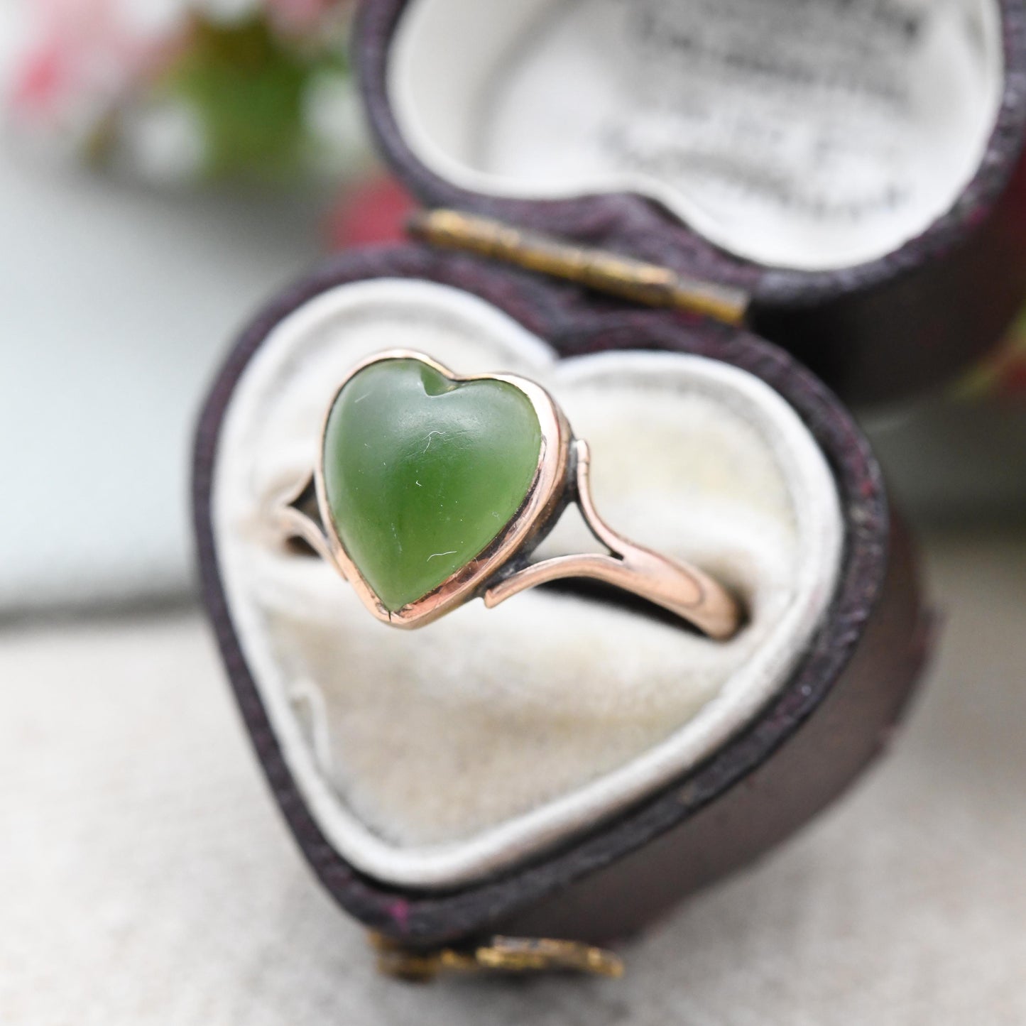 Antique 9ct Gold Heart Ring with Green Gemstone - Solid Rose Gold Band | Pretty Gift for Her | UK Size - P | US Size - 7