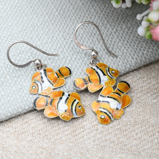 Vintage Sterling Silver Enamel Fish Drop Earrings - Clown Fish Orange and White Enamel | Scandinavian Silver Jewellery Unusual Gift for Her