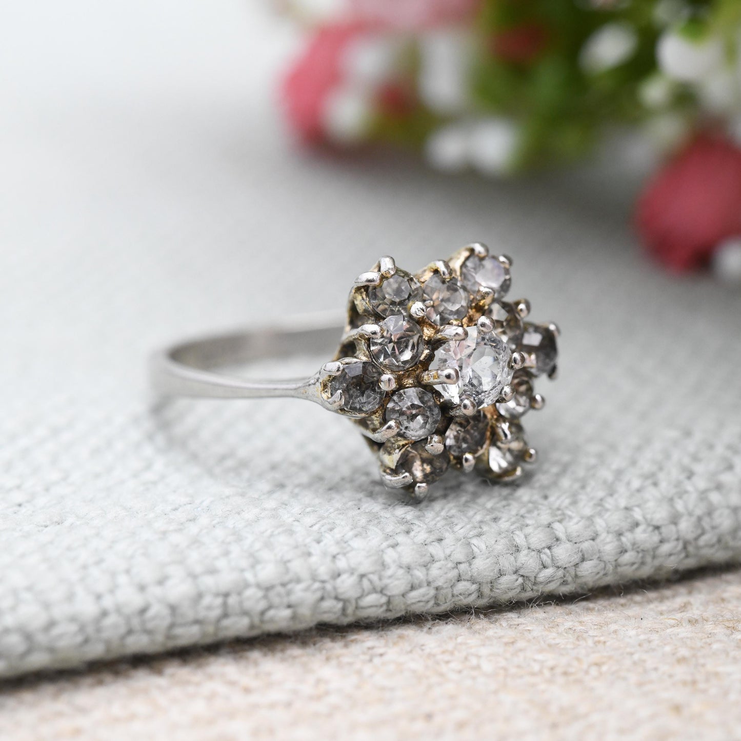 Vintage Sterling Silver Cluster Ring - Clear Crystal Stones | Statement Cocktail Ring | Pretty Gift for Her | UK Size - N | US Size - 6 3/4