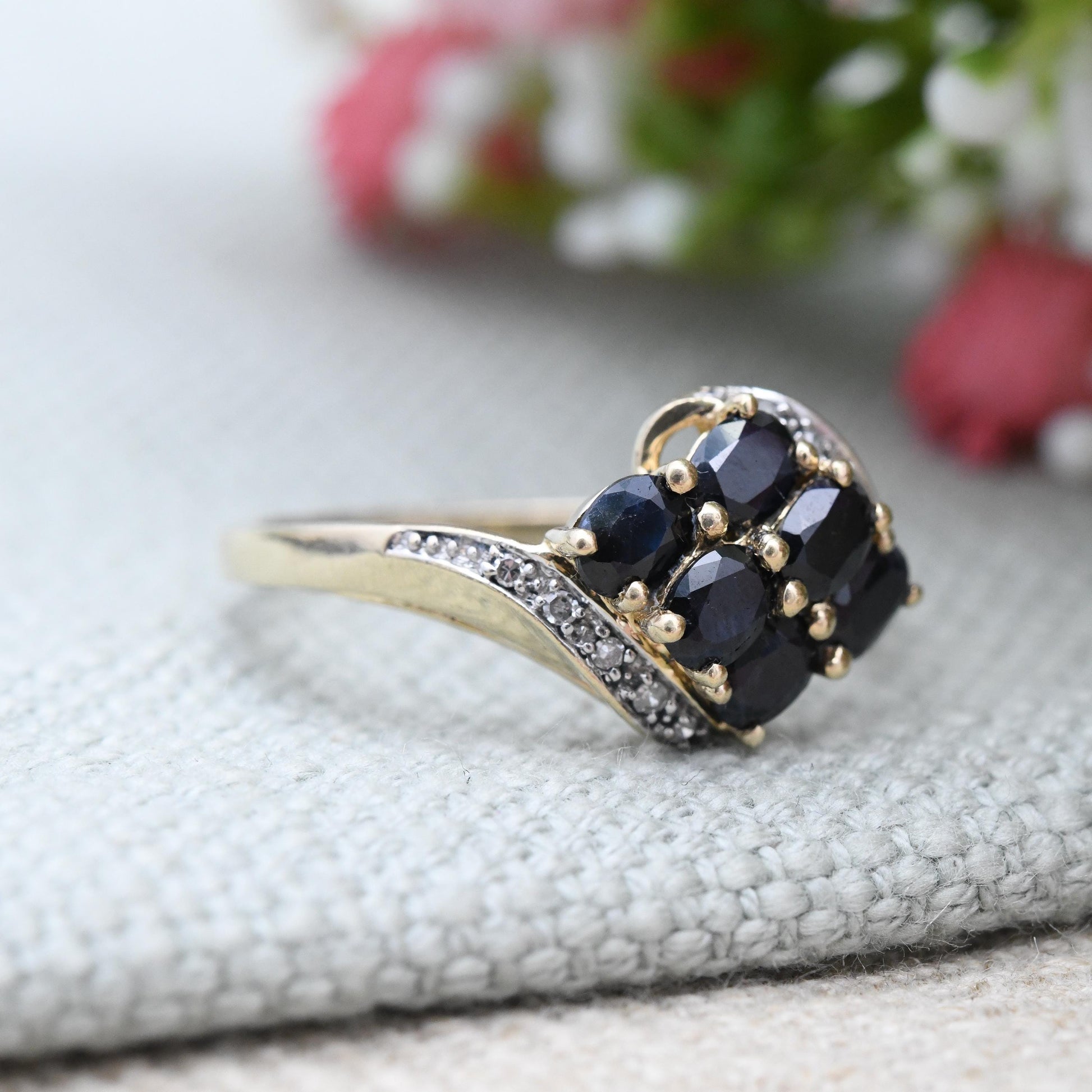 Vintage 9ct Gold Sapphire Ring with Diamond Accents - Statement Cocktail Deep Blue Ring Gift Pave Set | UK Size - P | US Size - 7 1/2