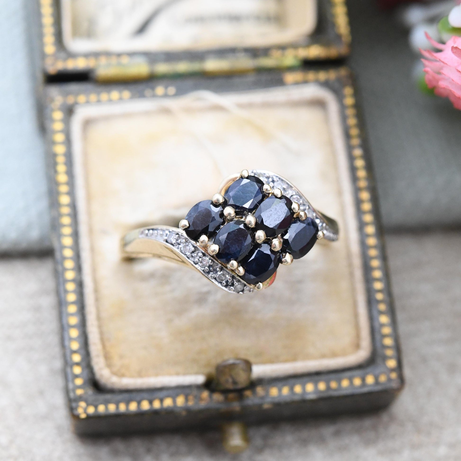 Vintage 9ct Gold Sapphire Ring with Diamond Accents - Statement Cocktail Deep Blue Ring Gift Pave Set | UK Size - P | US Size - 7 1/2