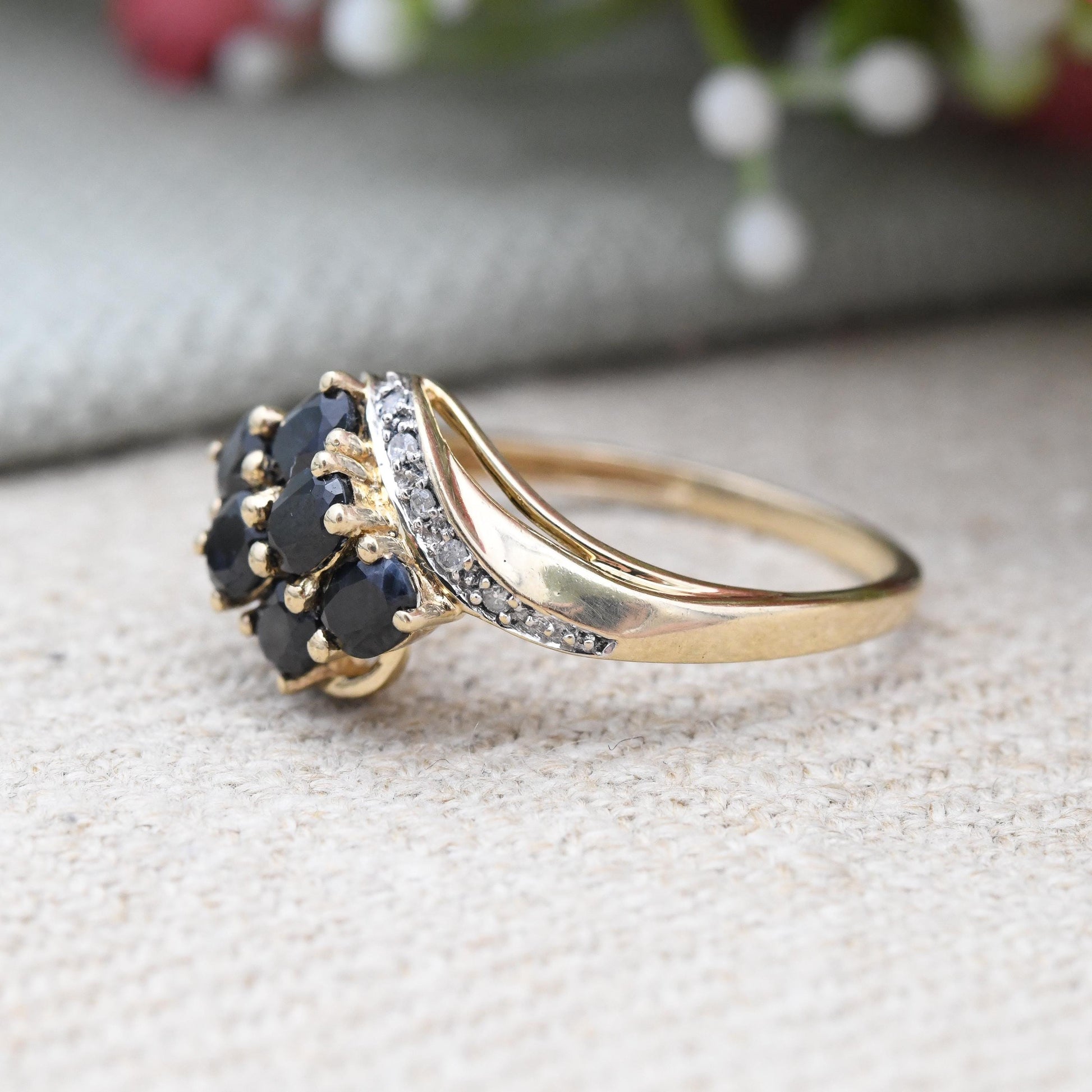 Vintage 9ct Gold Sapphire Ring with Diamond Accents - Statement Cocktail Deep Blue Ring Gift Pave Set | UK Size - P | US Size - 7 1/2