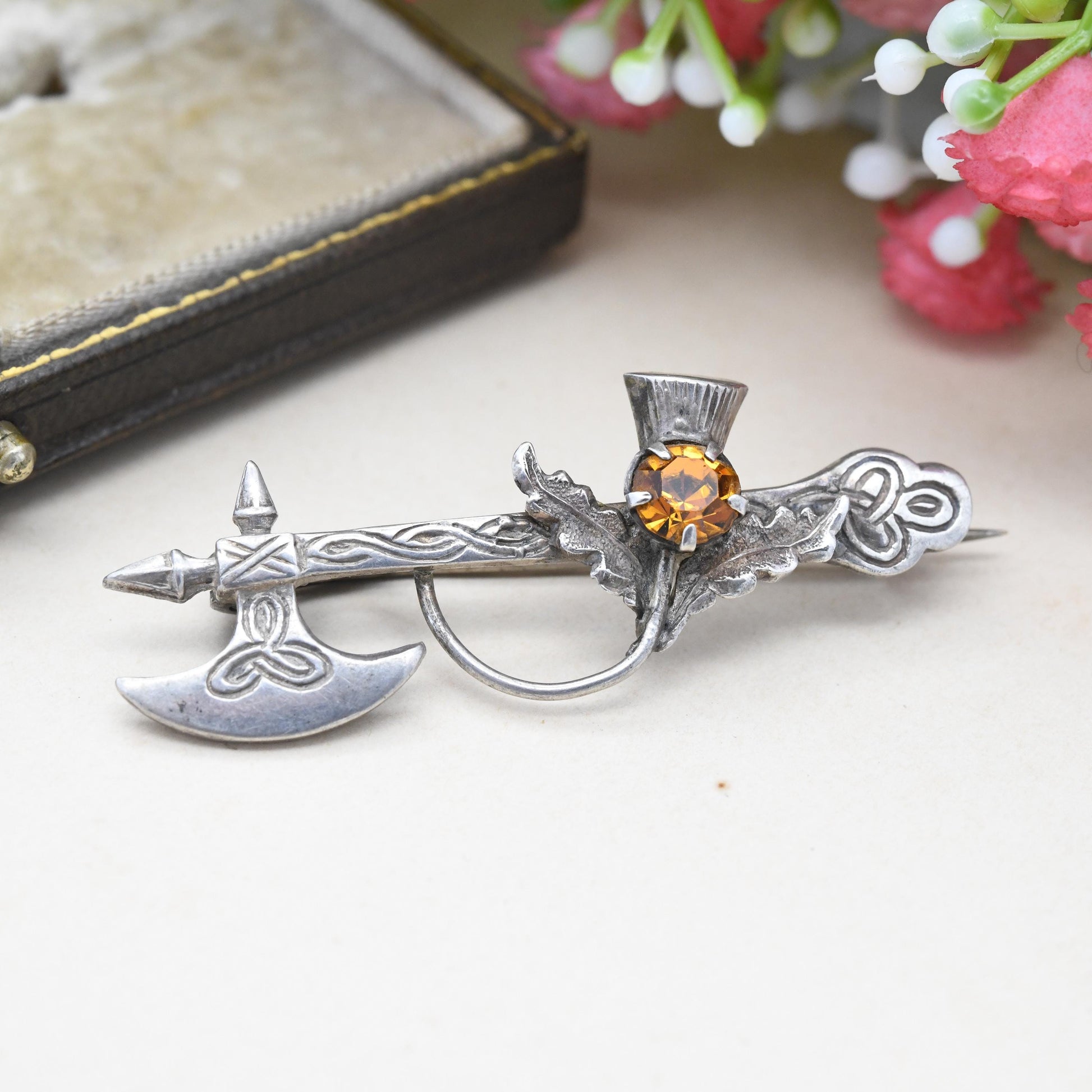 Antique Ward Brothers Sterling Silver Scottish Axe Thistle Brooch - Orange Citrine Paste Stone Celtic Engraving | Extended Brooch Pin