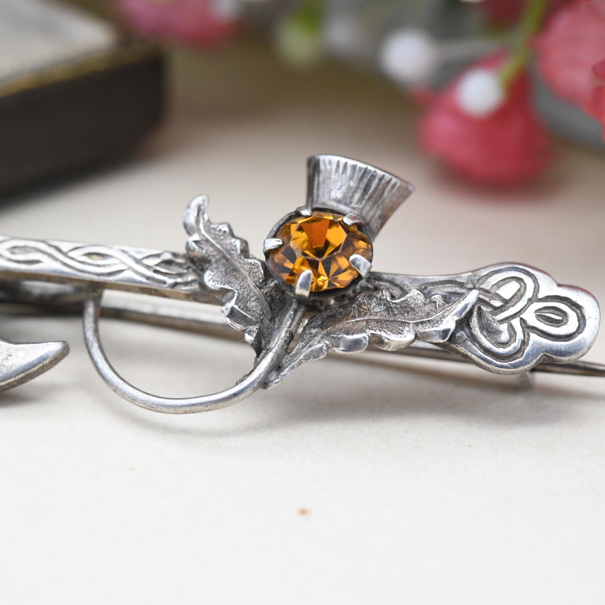 Antique Ward Brothers Sterling Silver Scottish Axe Thistle Brooch - Orange Citrine Paste Stone Celtic Engraving | Extended Brooch Pin