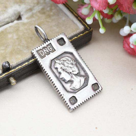 Vintage Britannia Silver Elizabeth II Silver Jubilee Ingot Pendant 1977 by DNG - Large Queen Elizabeth Jubilee Head Stamp Style | 958 Silver