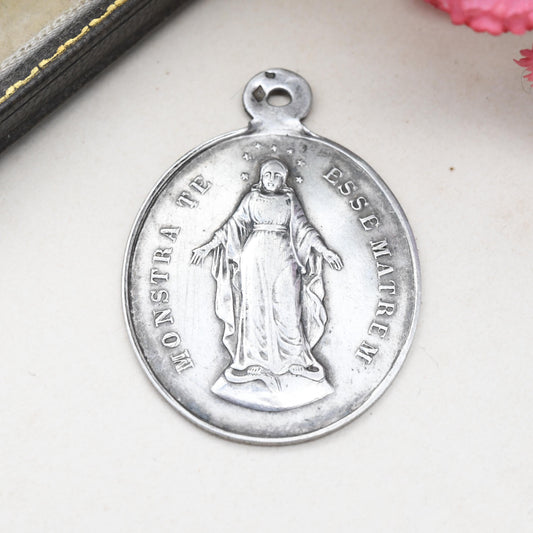 Vintage French Silver Virgin Mary Pendant 1931 - Latin Matrem Show That You Are Mother Congregation of the Children of Mary Christian Medal