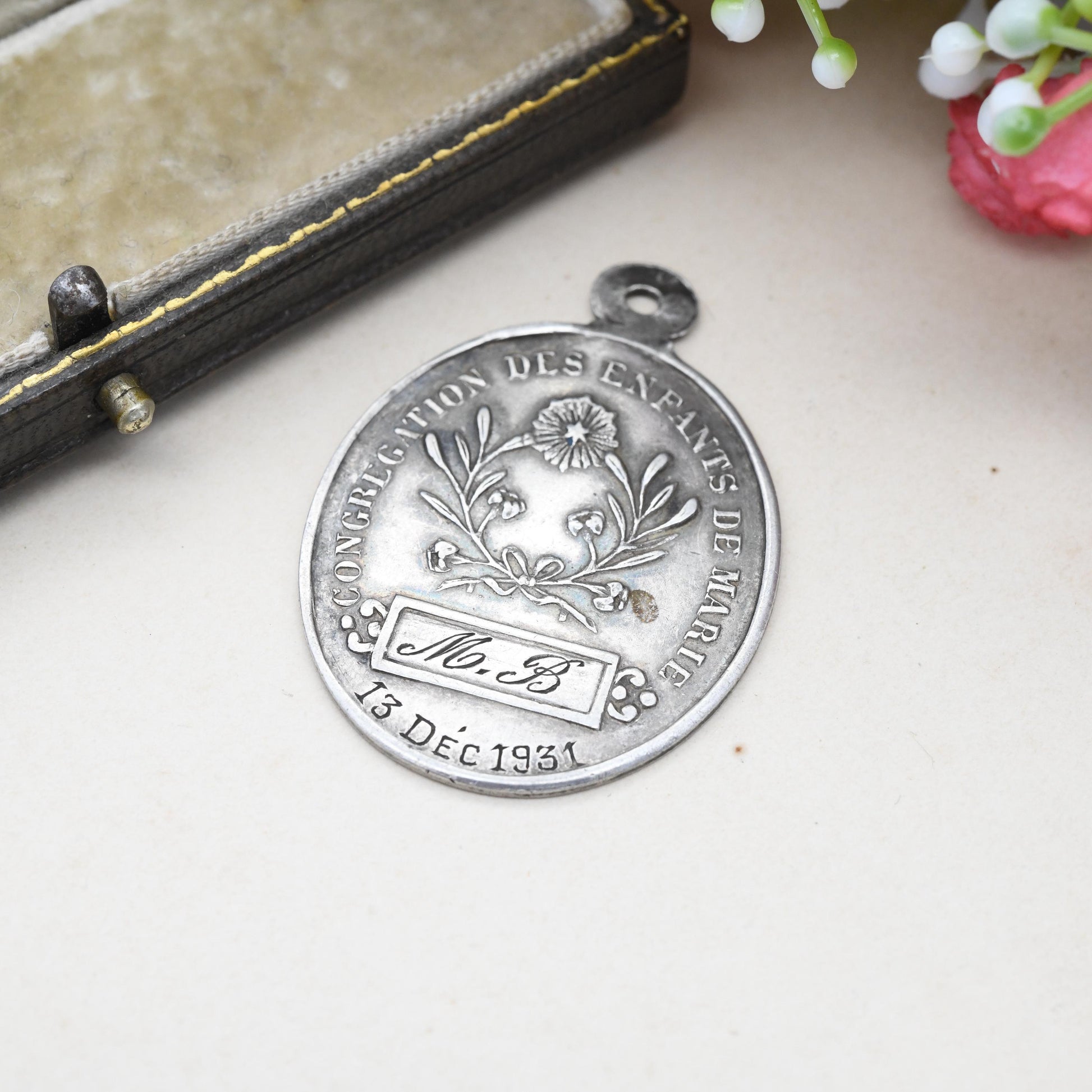Vintage French Silver Virgin Mary Pendant 1931 - Latin Matrem Show That You Are Mother Congregation of the Children of Mary Christian Medal