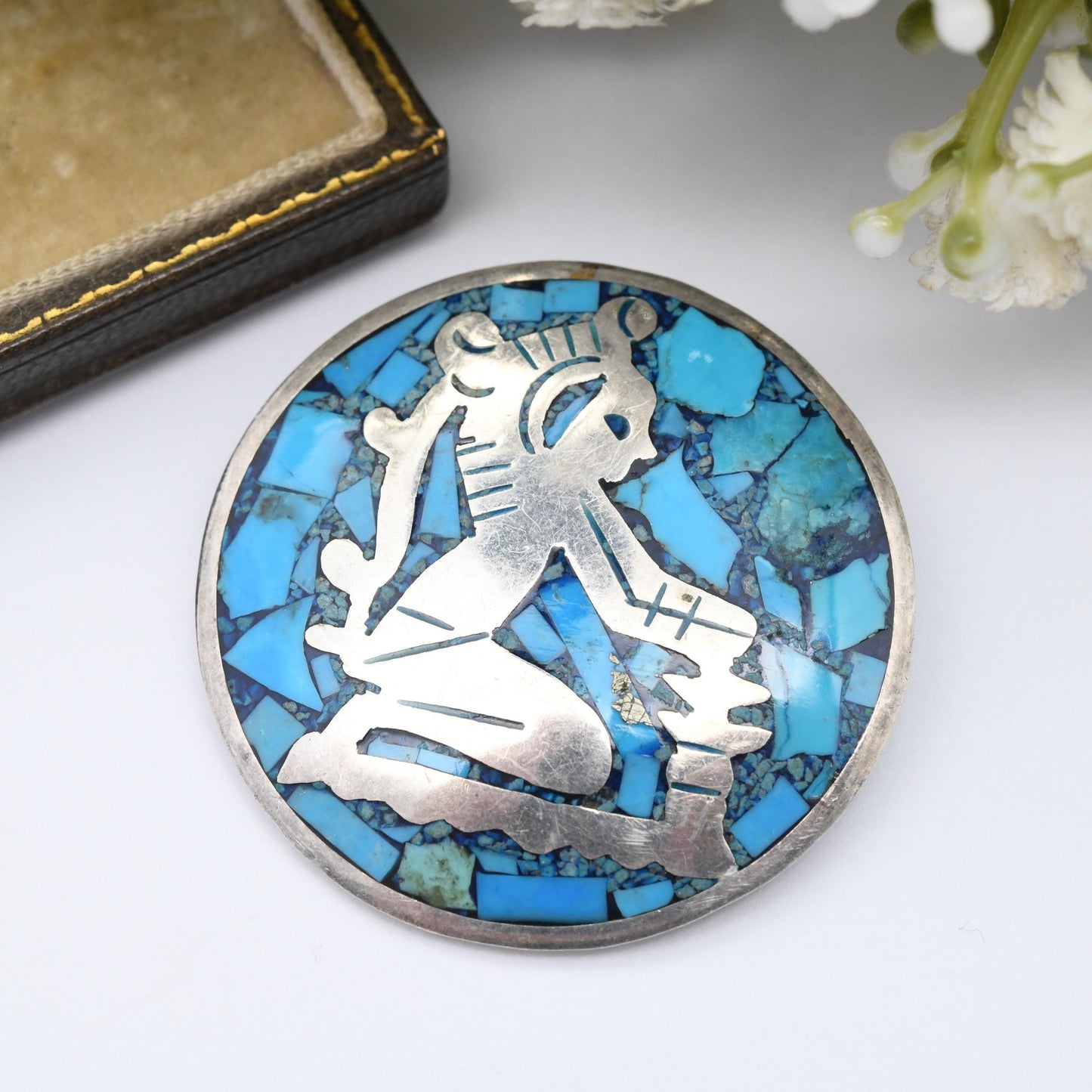 Vintage Taxco Mexican Sterling Silver Inlaid Turquoise Brooch Pendant - Mid-Century Collectable Mexico Silver Jewellery Round Circle Disk