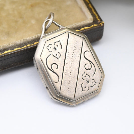 Antique Silver Locket Pendant Necklace with Engraved Flower Design - Rectangle Octagon Shape | Pretty Silver Gift for Her