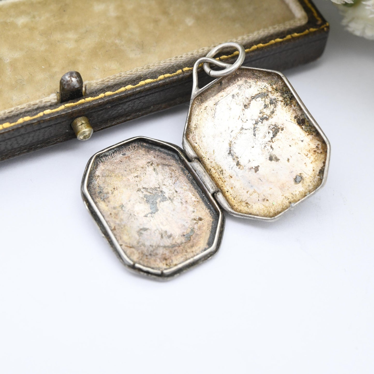 Antique Silver Locket Pendant Necklace with Engraved Flower Design - Rectangle Octagon Shape | Pretty Silver Gift for Her