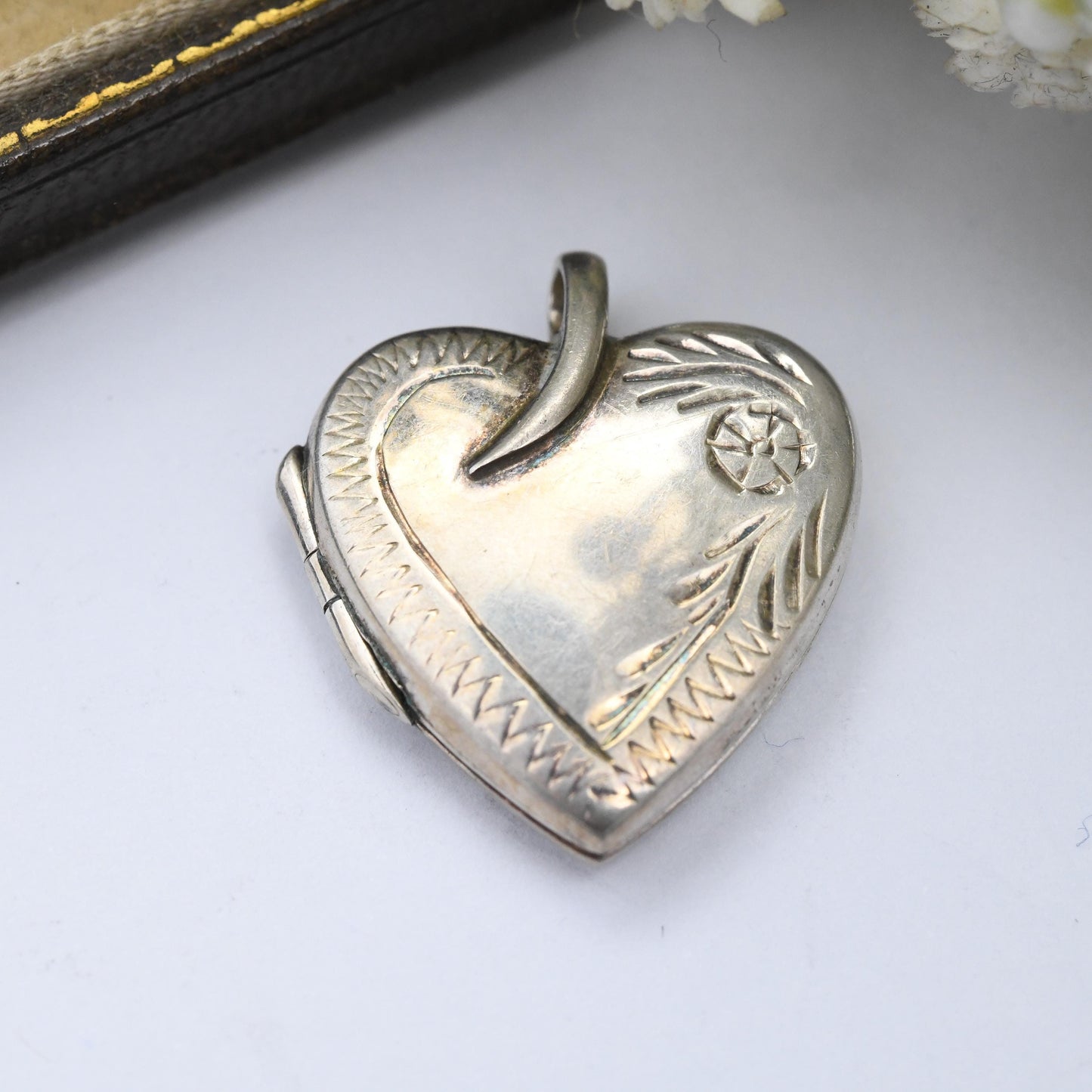 Vintage Sterling Silver Heart Locket Pendant with Integral Leaf Bale - Love Heart Shaped Flower Locket Pretty Gift for Her