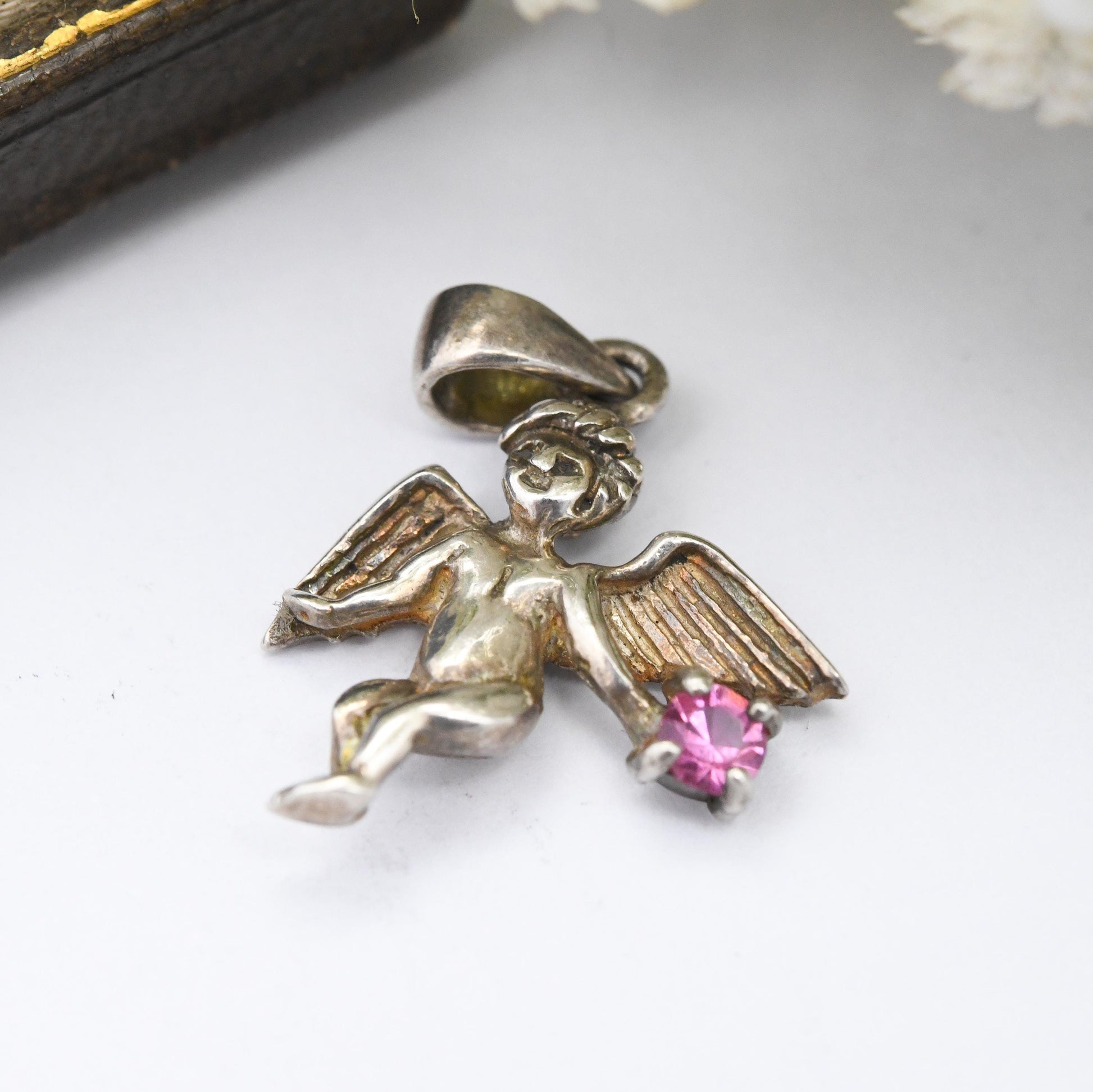 Vintage Sterling Silver Cherub Pendant with Pink Stone - Winged Baby Putti Putto | Birthday Gemstone | Gift for Charm Necklace