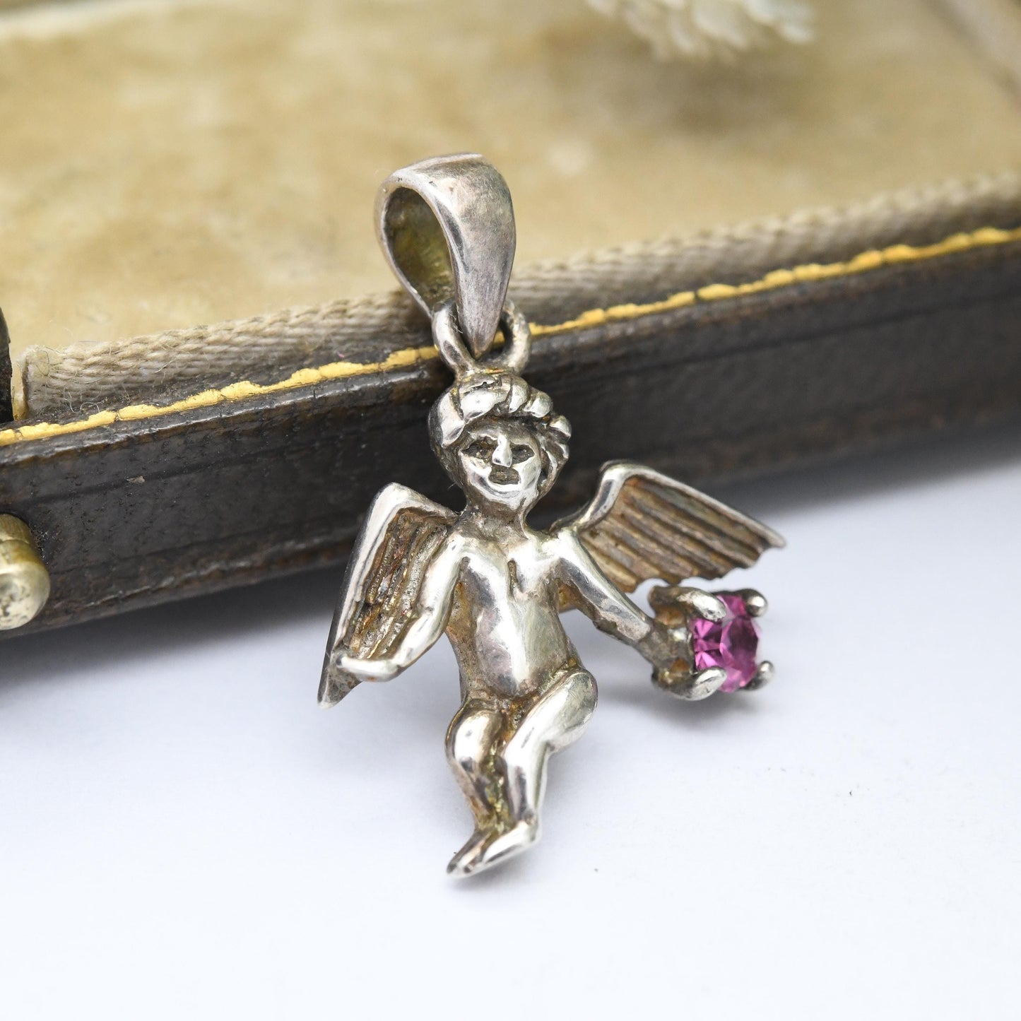 Vintage Sterling Silver Cherub Pendant with Pink Stone - Winged Baby Putti Putto | Birthday Gemstone | Gift for Charm Necklace