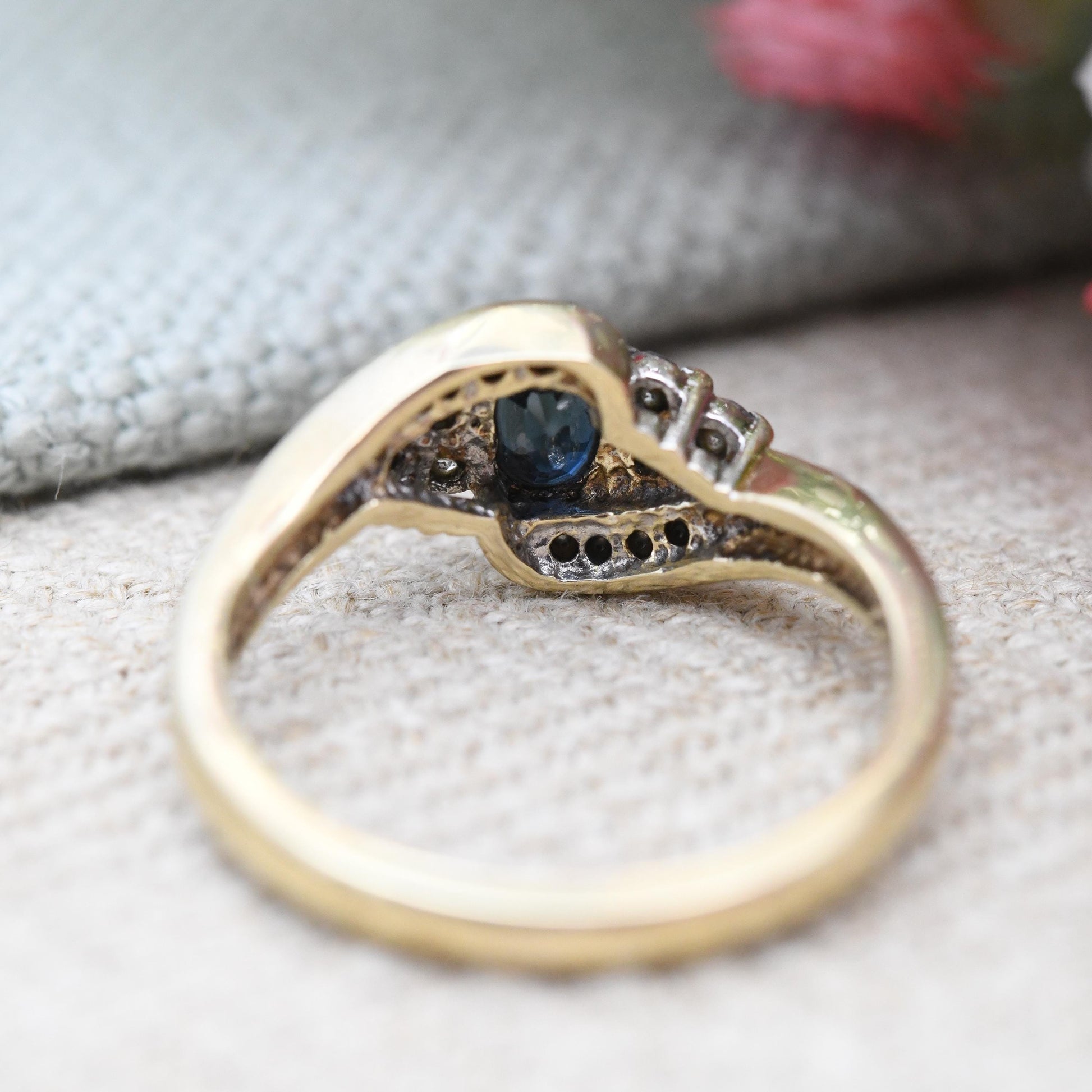 Vintage 9ct Gold Diamond Sapphire Cluster Ring 1993 - Statement Cocktail Deep Blue Engagement Ring Gift | UK Size - M 1/2 | US Size - 6 1/2